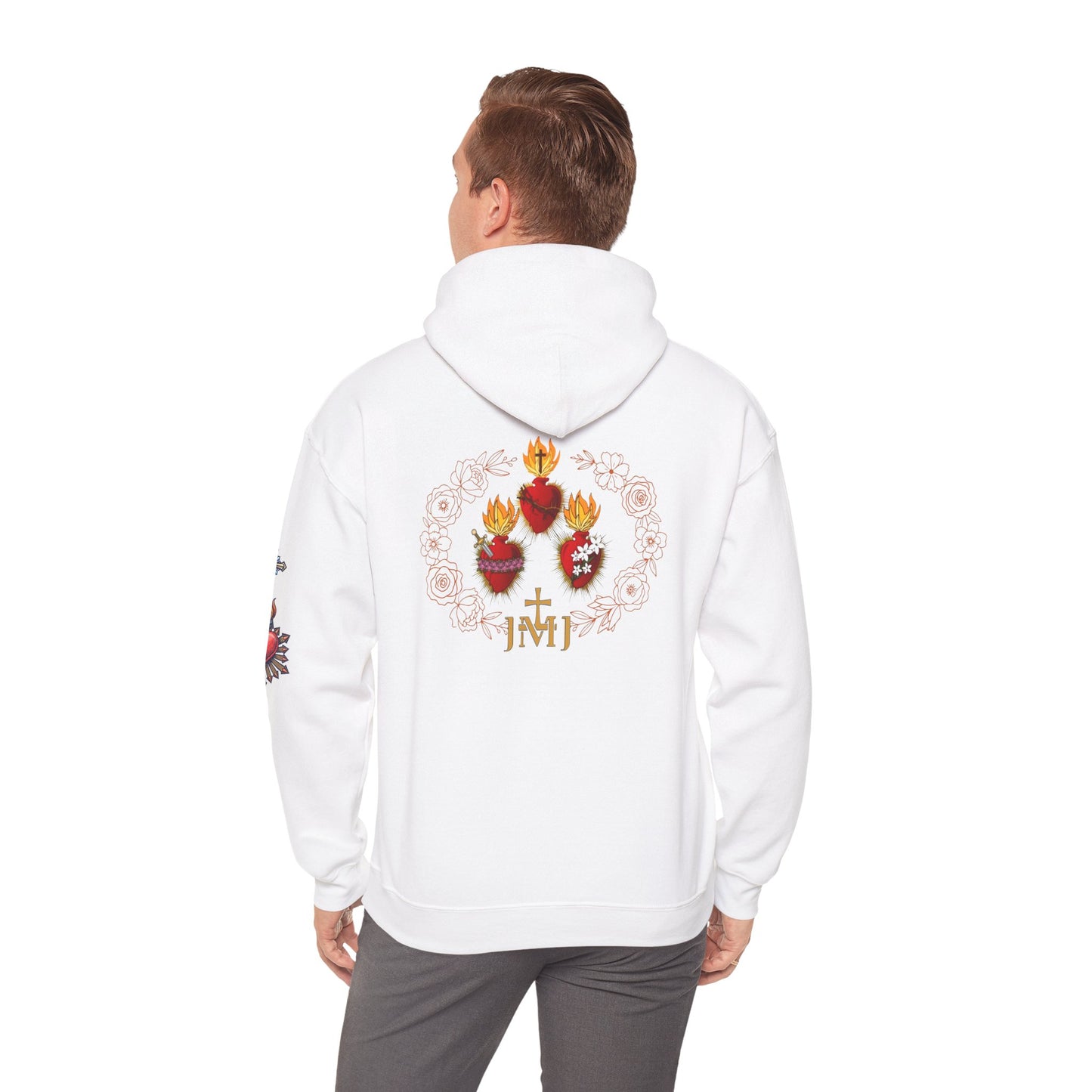 Sacred Hearts Hoodie — Three Flaming Hearts J.M.J. Devotional Sweatshirt (CT)