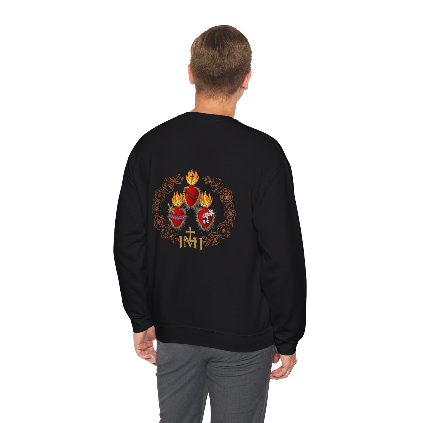 Sacred Hearts Crewneck Sweatshirt — Three Flaming Hearts with JMJ Cross (CT)