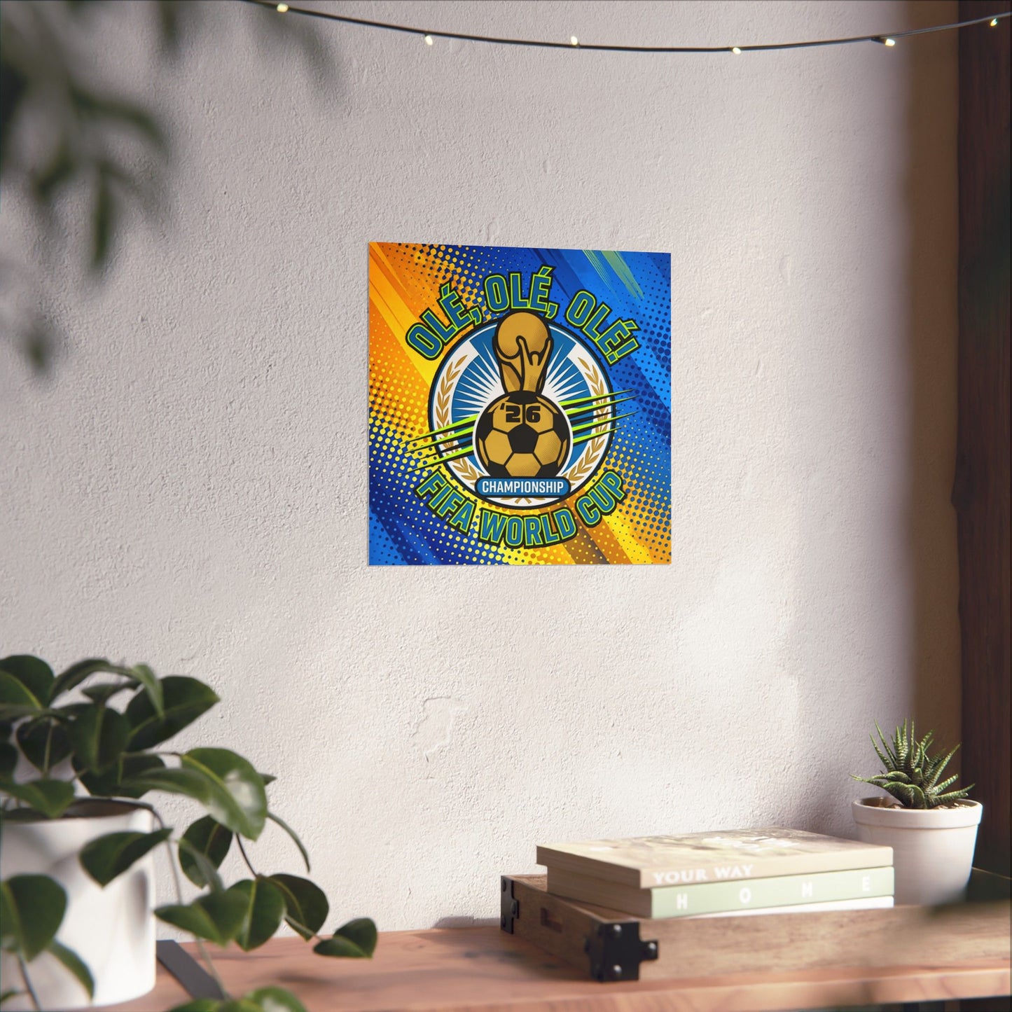 Colorful poster of a soccer ball with text on a white wall above a wooden desk with plants. FIFA World Cup Soccer Poster — "Olé, Olé, Olé" Matte Vertical Print