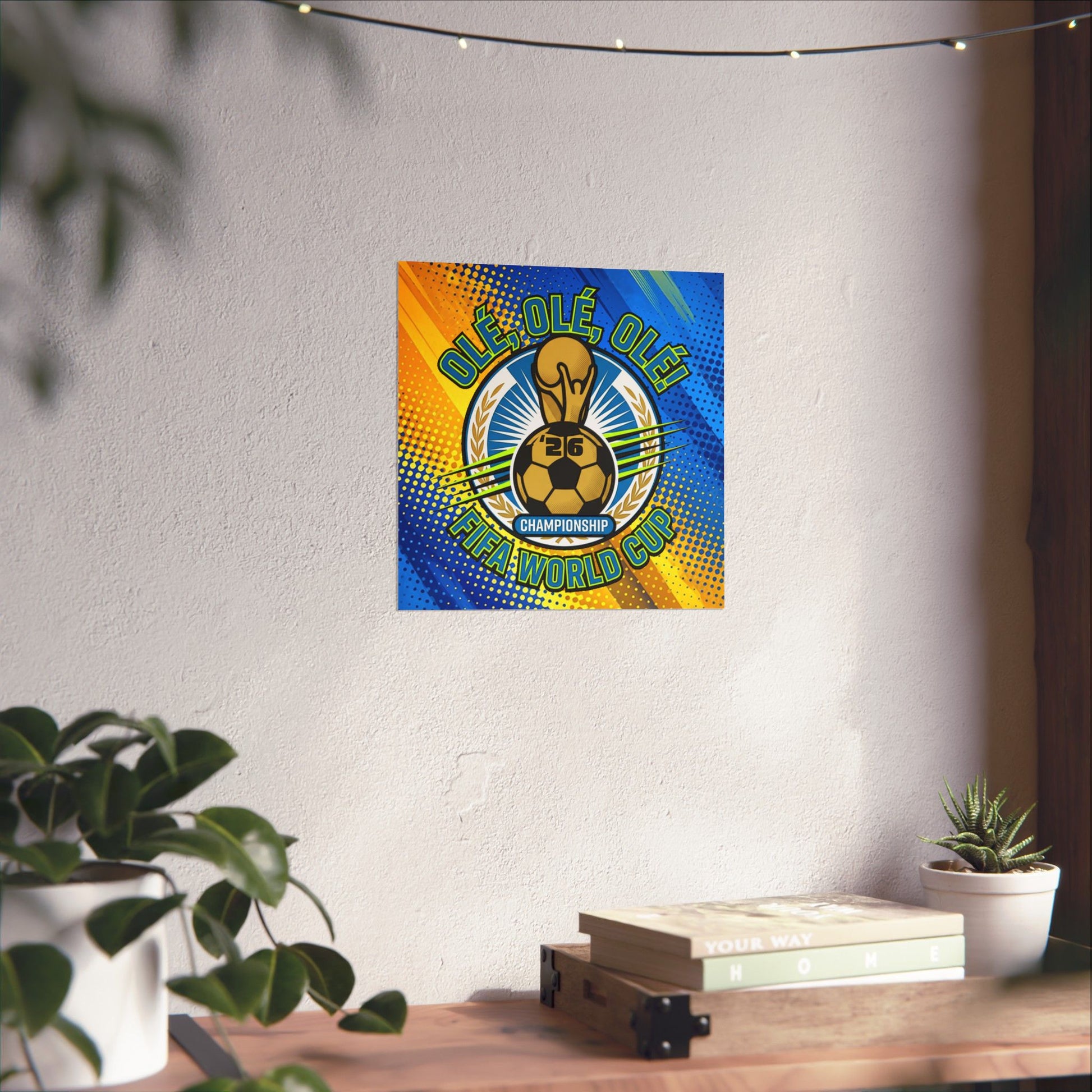 Colorful poster of a soccer ball with text on a white wall above a wooden desk with plants. FIFA World Cup Soccer Poster — "Olé, Olé, Olé" Matte Vertical Print