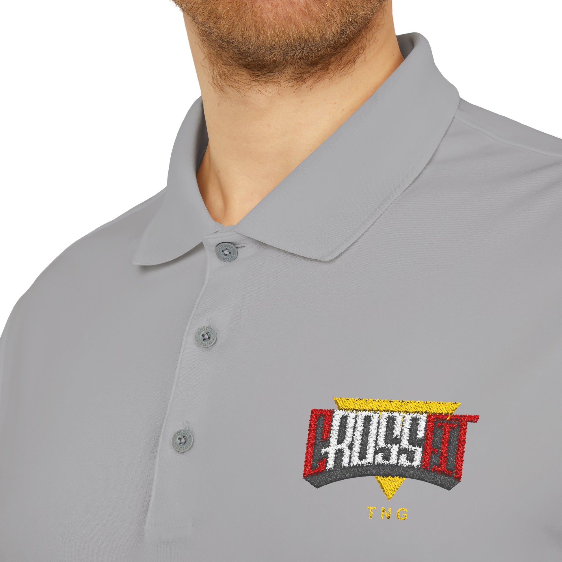 Adidas Sports Polo Shirt for CrossFit Enthusiasts, Gray polo shirt with embroidered logo on a white background