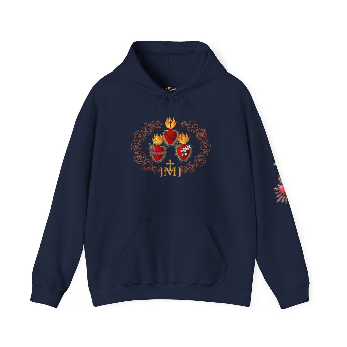 Sacred Hearts Hoodie — Three Flaming Hearts J.M.J. Devotional Sweatshirt (CT)