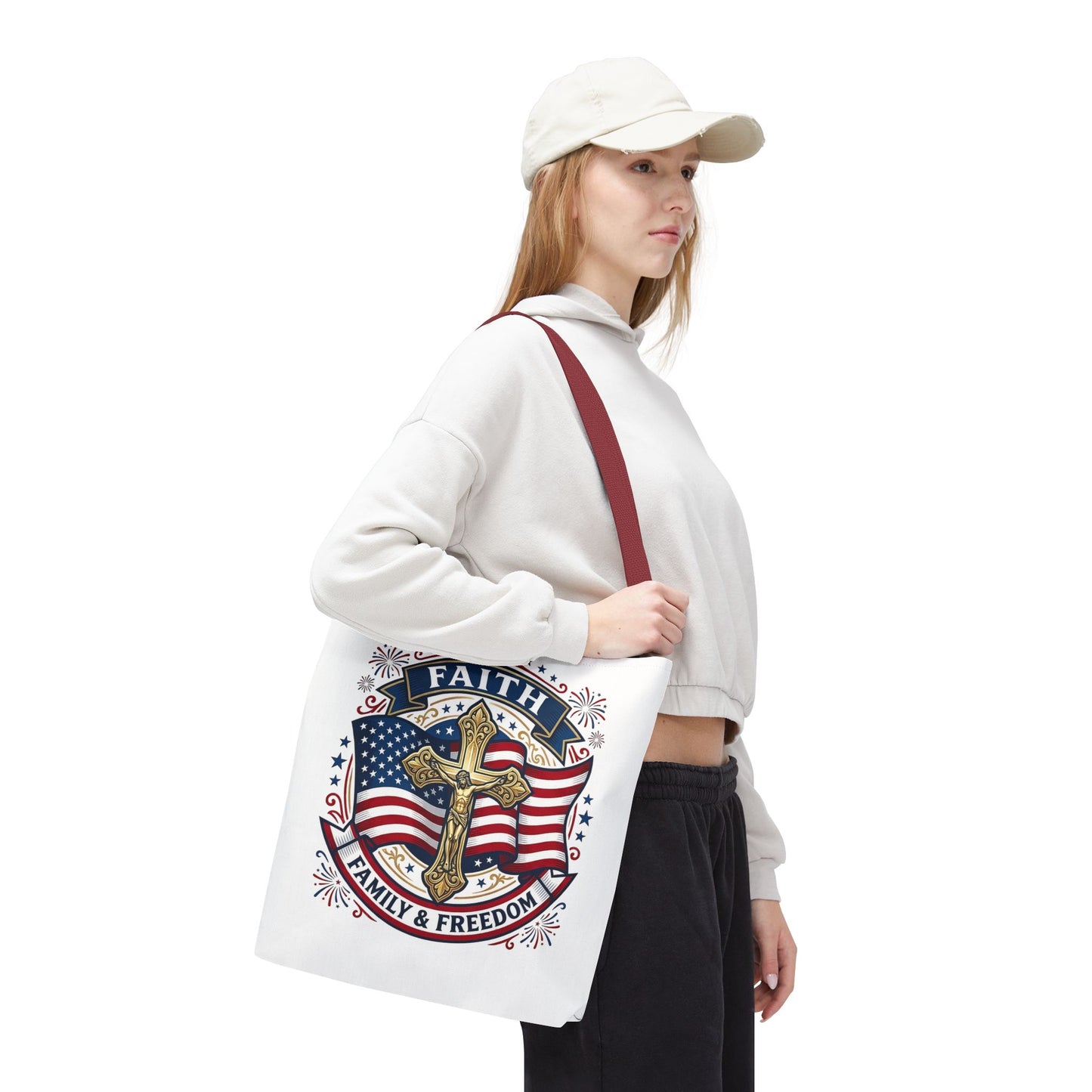 Faith, Family & Freedom Tote Bag — Patriotic Cross American Flag Tote (USA 250th)