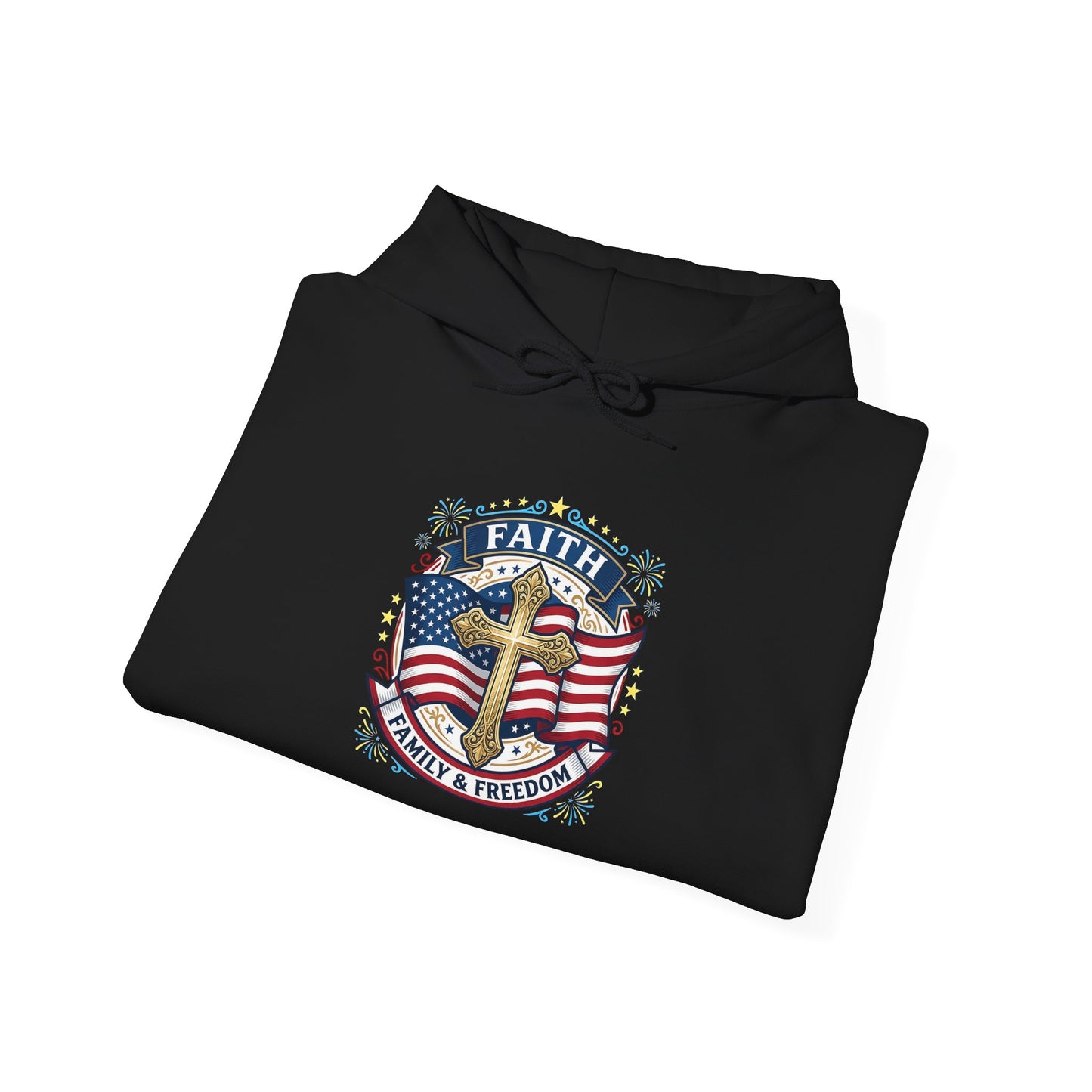 Faith, Family & Freedom Hoodie — Patriotic Cross American Flag Sweatshirt (USA 250th)