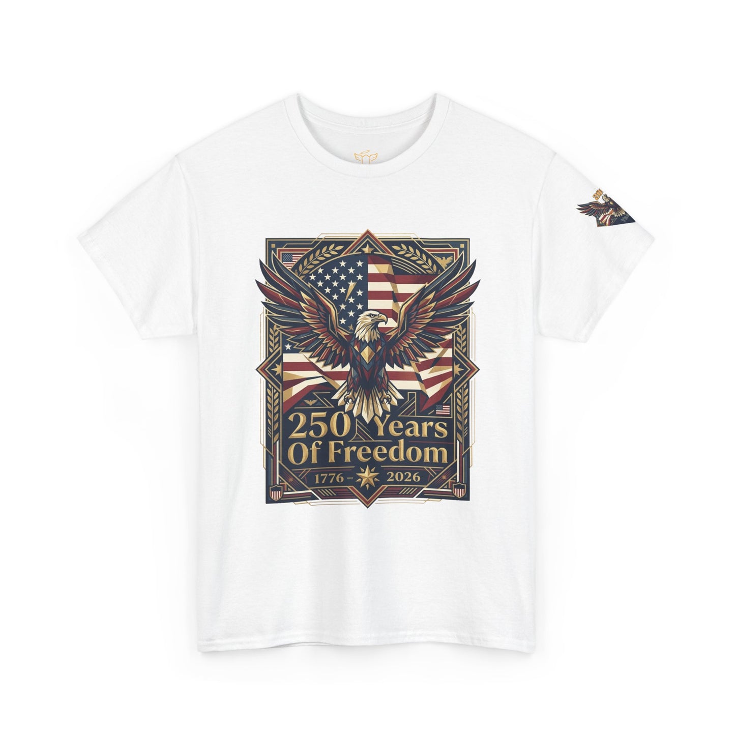 250 Years of Freedom Eagle T-Shirt, White t-shirt with eagle and American flag design on a white background