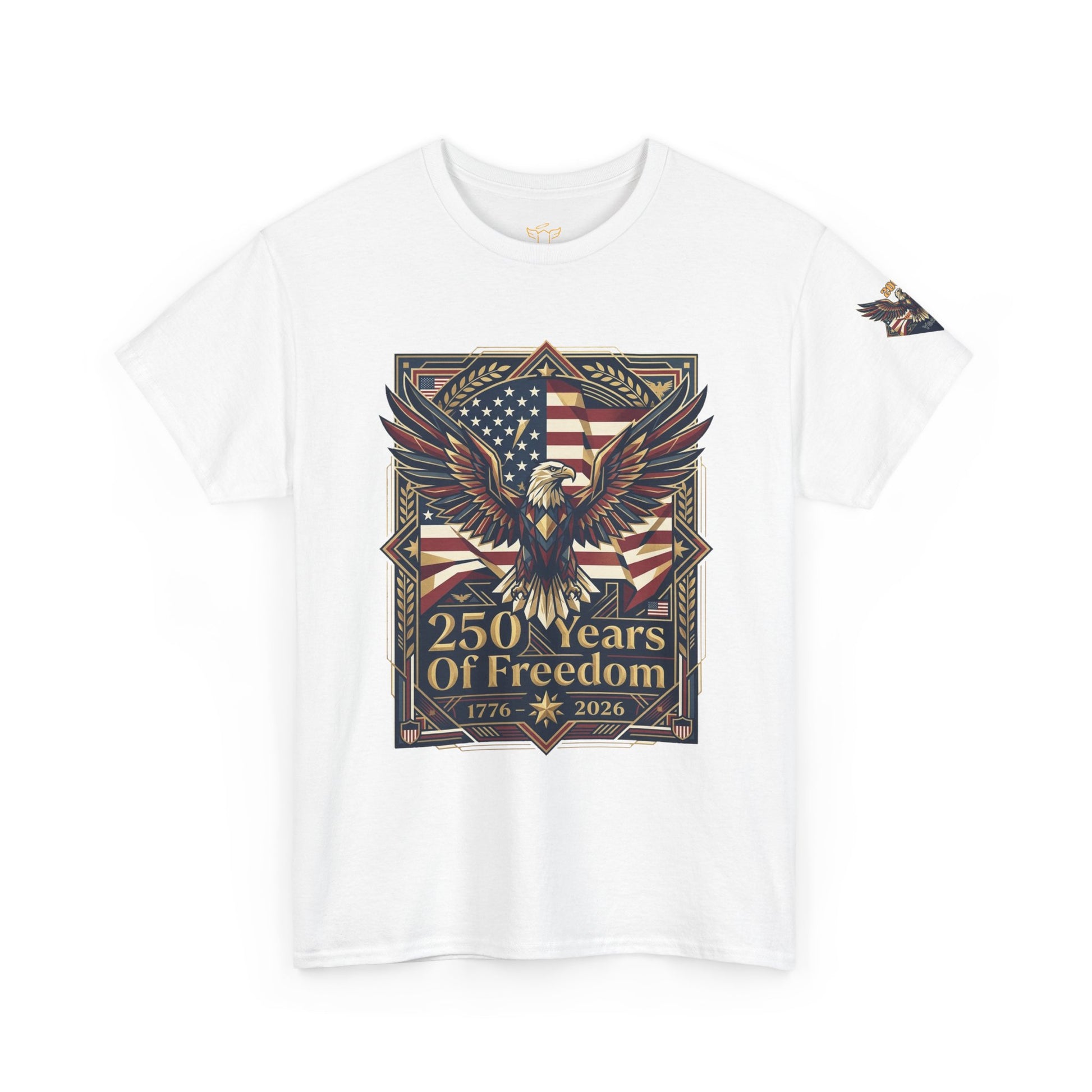 250 Years of Freedom Eagle T-Shirt, White t-shirt with eagle and American flag design on a white background