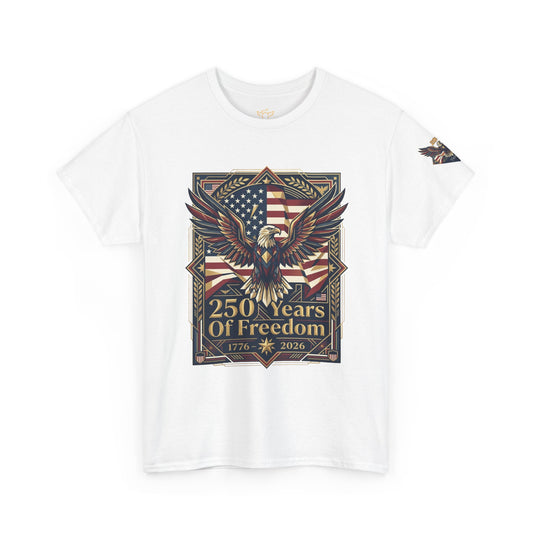 250 Years of Freedom Eagle T-Shirt, White t-shirt with eagle and American flag design on a white background