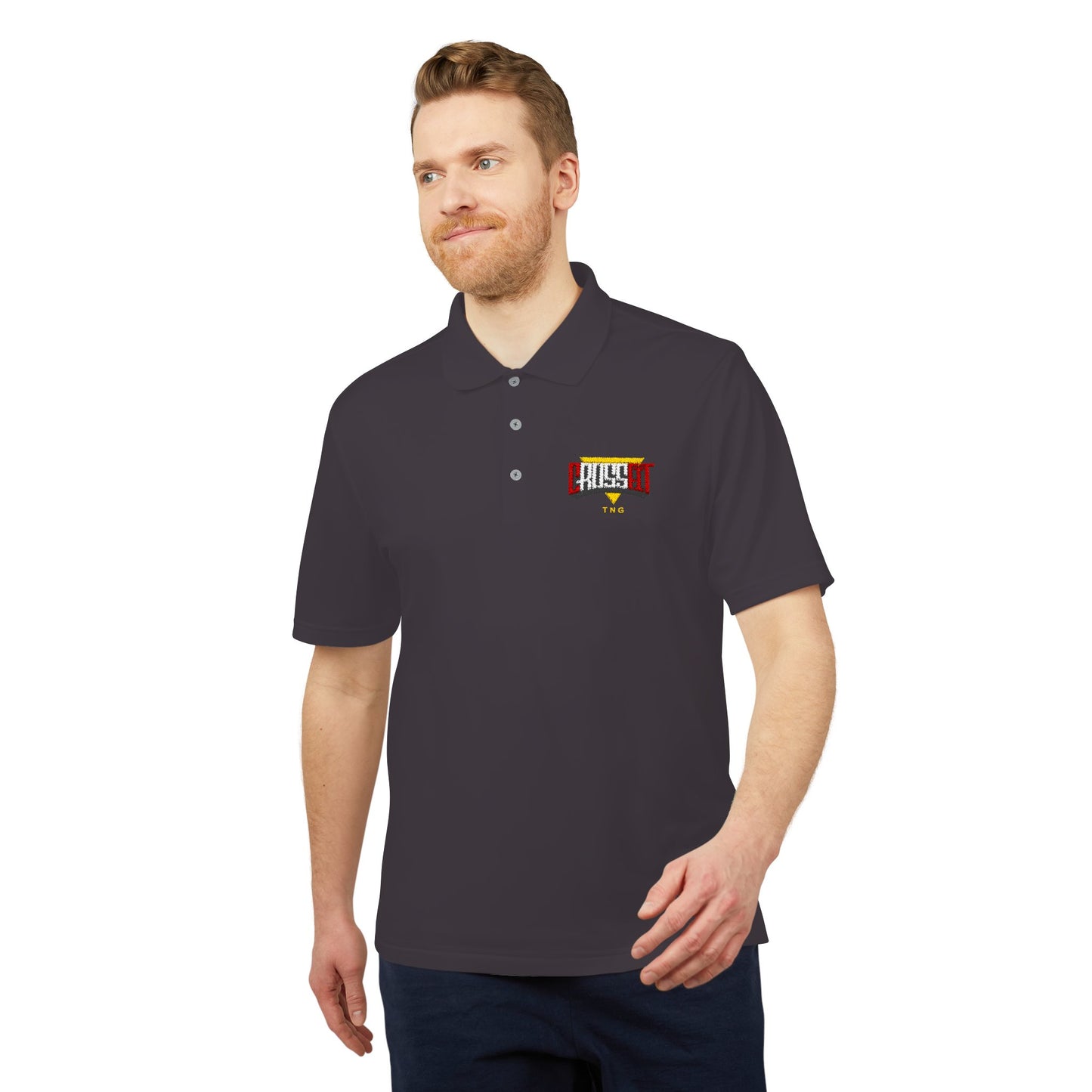 Adidas Sports Polo Shirt for CrossFit Enthusiasts, Man wearing a dark polo shirt with a logo on a white background