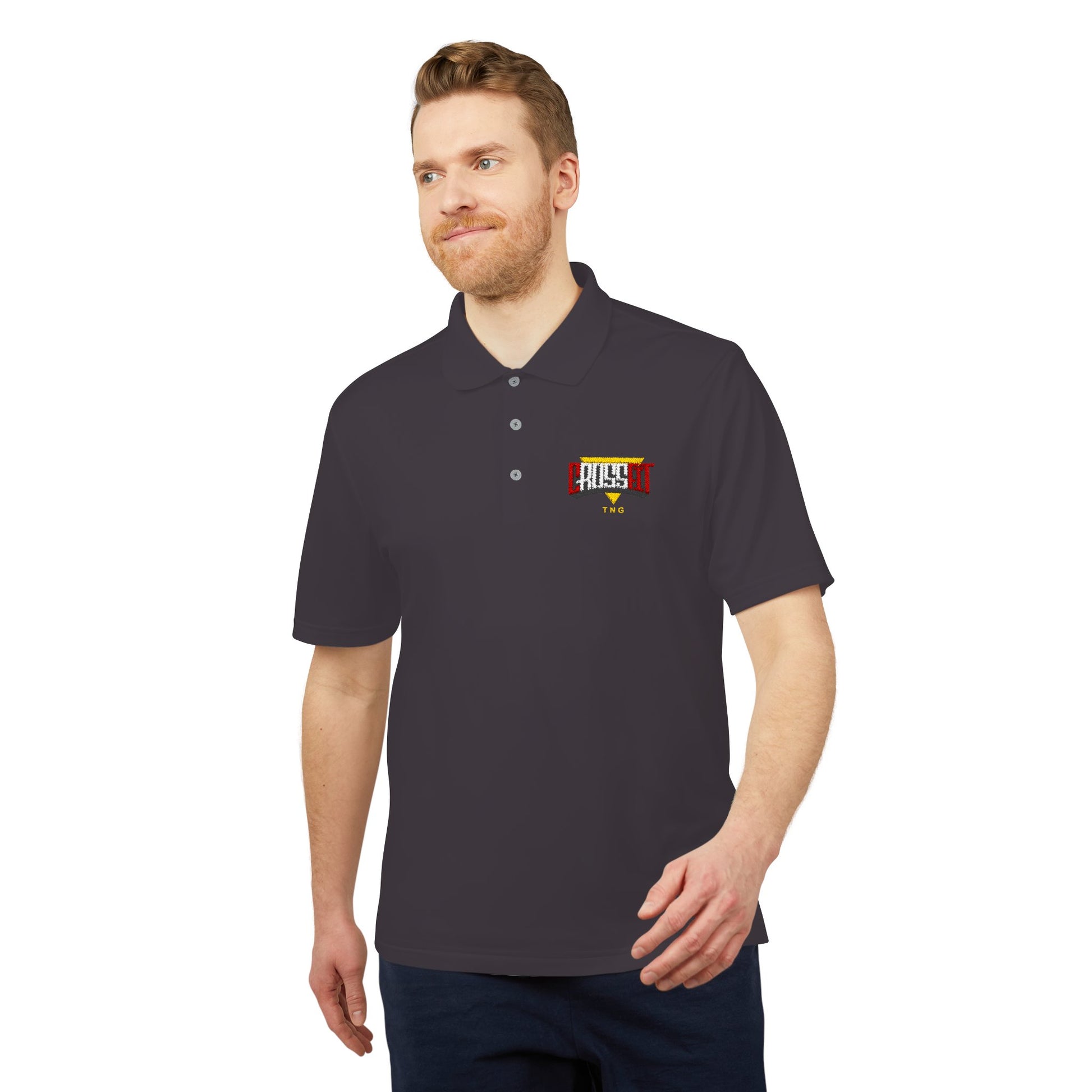 Adidas Sports Polo Shirt for CrossFit Enthusiasts, Man wearing a dark polo shirt with a logo on a white background