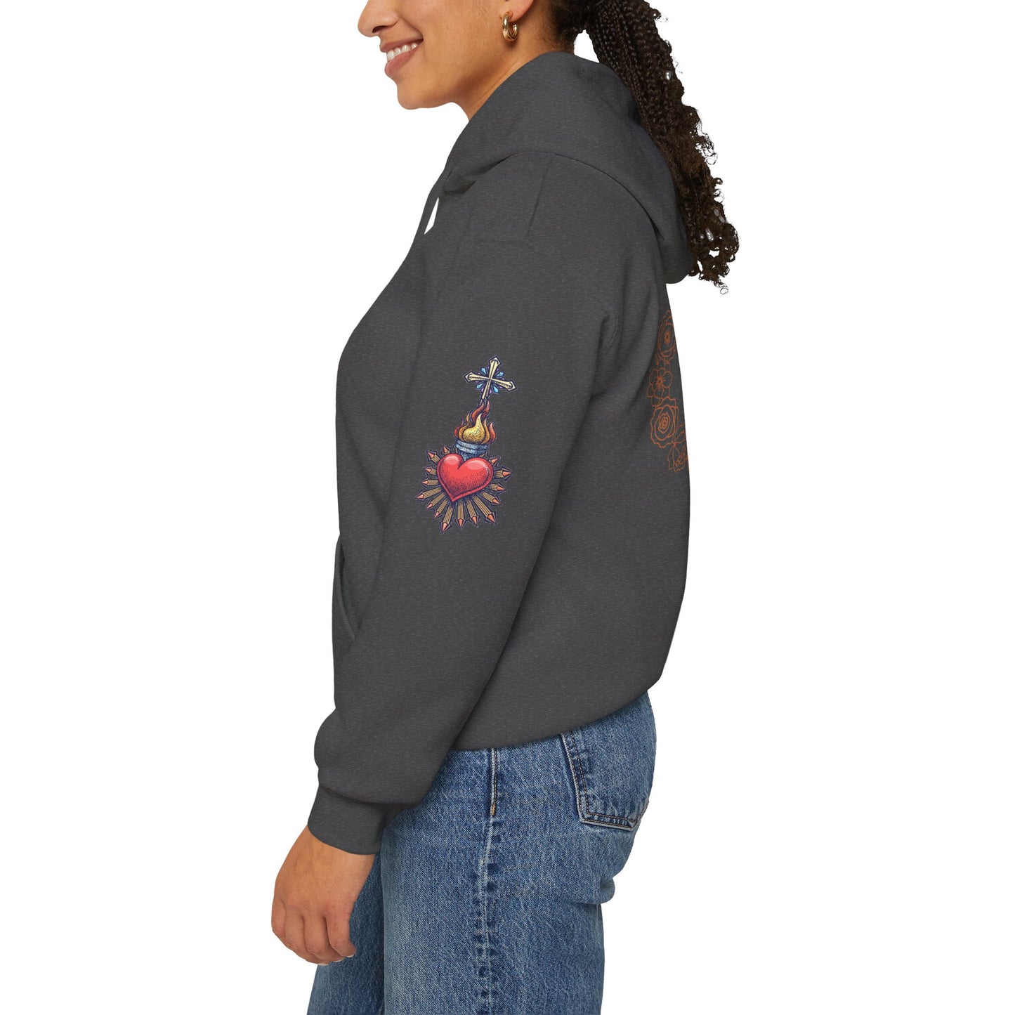 Sacred Hearts Hoodie — Three Flaming Hearts J.M.J. Devotional Sweatshirt (CT)