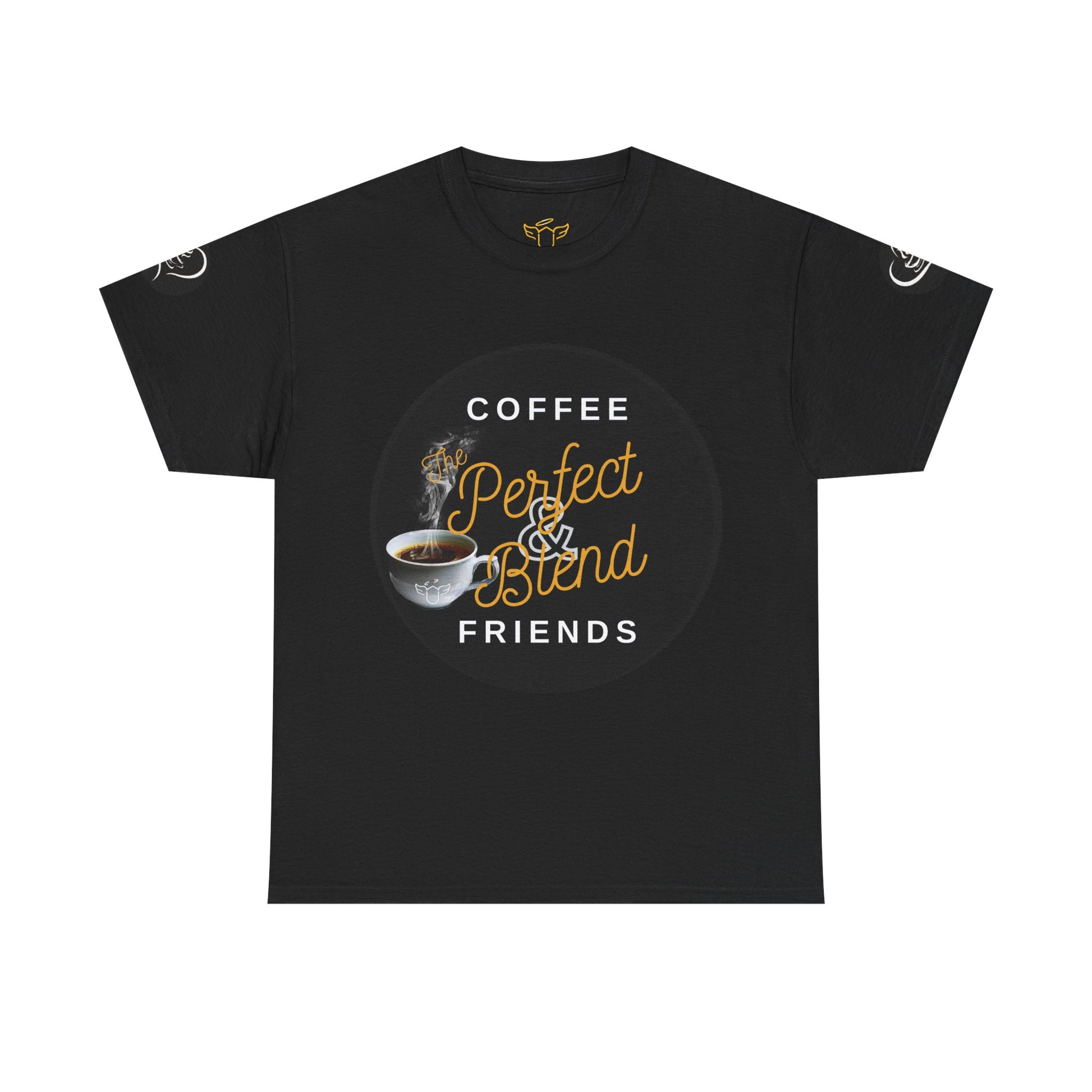 Coffee Lovers Cotton T-shirt, Black t-shirt with coffee-themed graphic and text on a white background