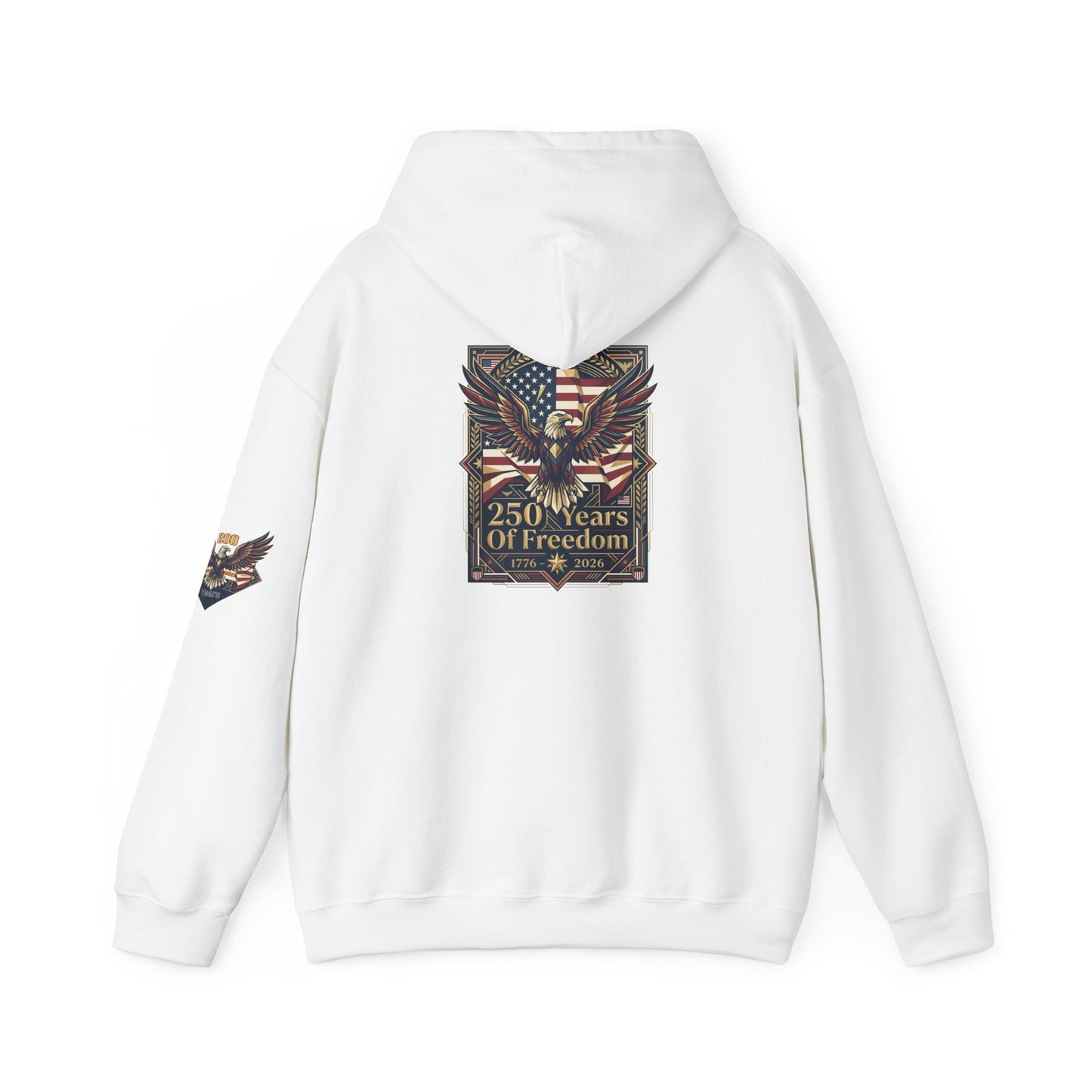 America 250 Years of Freedom Hoodie , White hoodie with eagle and flag design on the back, on a white background