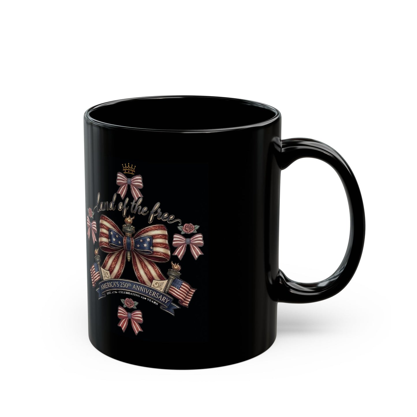 USA 250th ANNIVERSARY Ribbon Heart Black Mug — America 250 Years ANNIVERSARY Bow Ribbons Coffee Cup - Trending Novelties & Gifts
