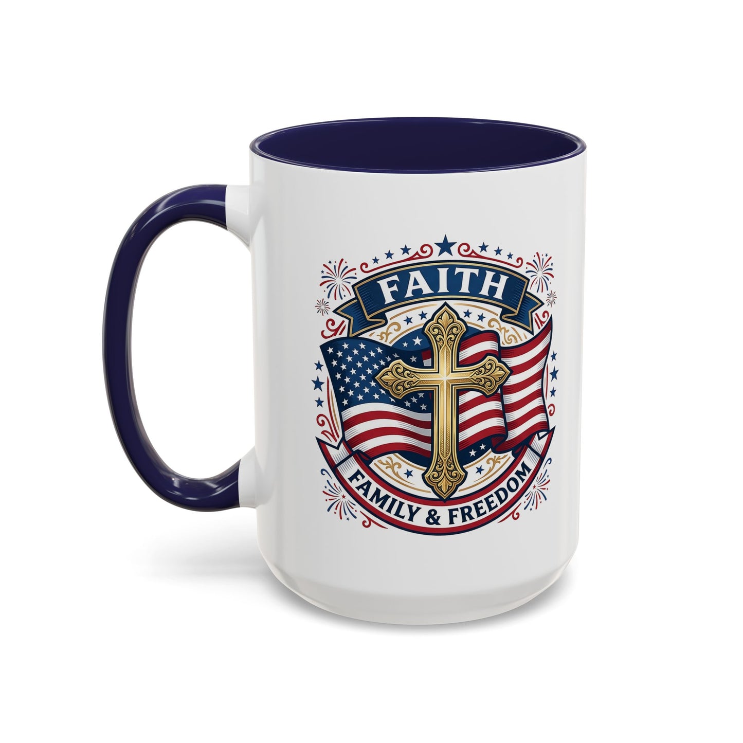 Faith, Family & Freedom Accent Coffee Mug — Patriotic Cross Mug  (USA 250th)