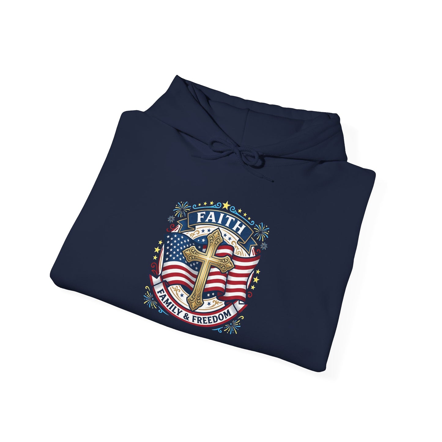 Faith, Family & Freedom Hoodie — Patriotic Cross American Flag Sweatshirt (USA 250th)