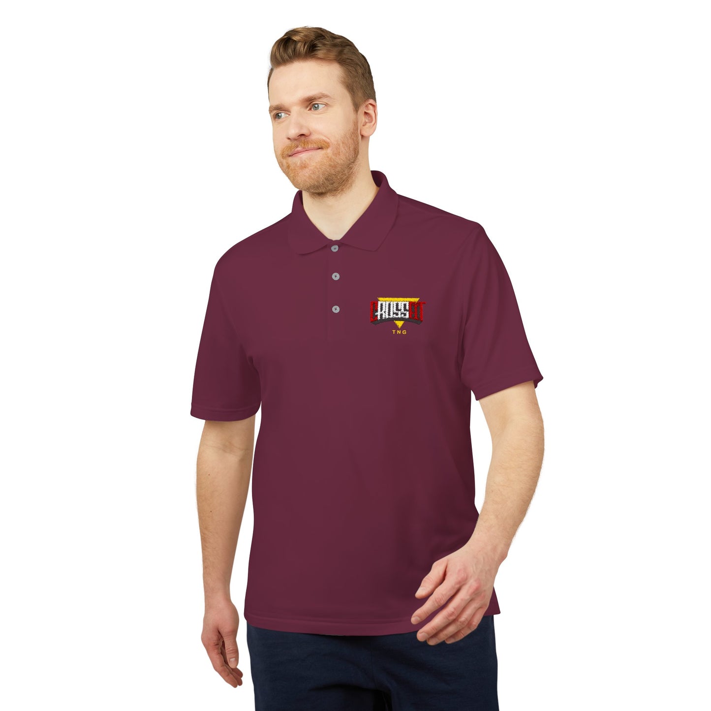 Adidas Sports Polo Shirt for CrossFit Enthusiasts, Man wearing a maroon polo shirt with a logo on a white background