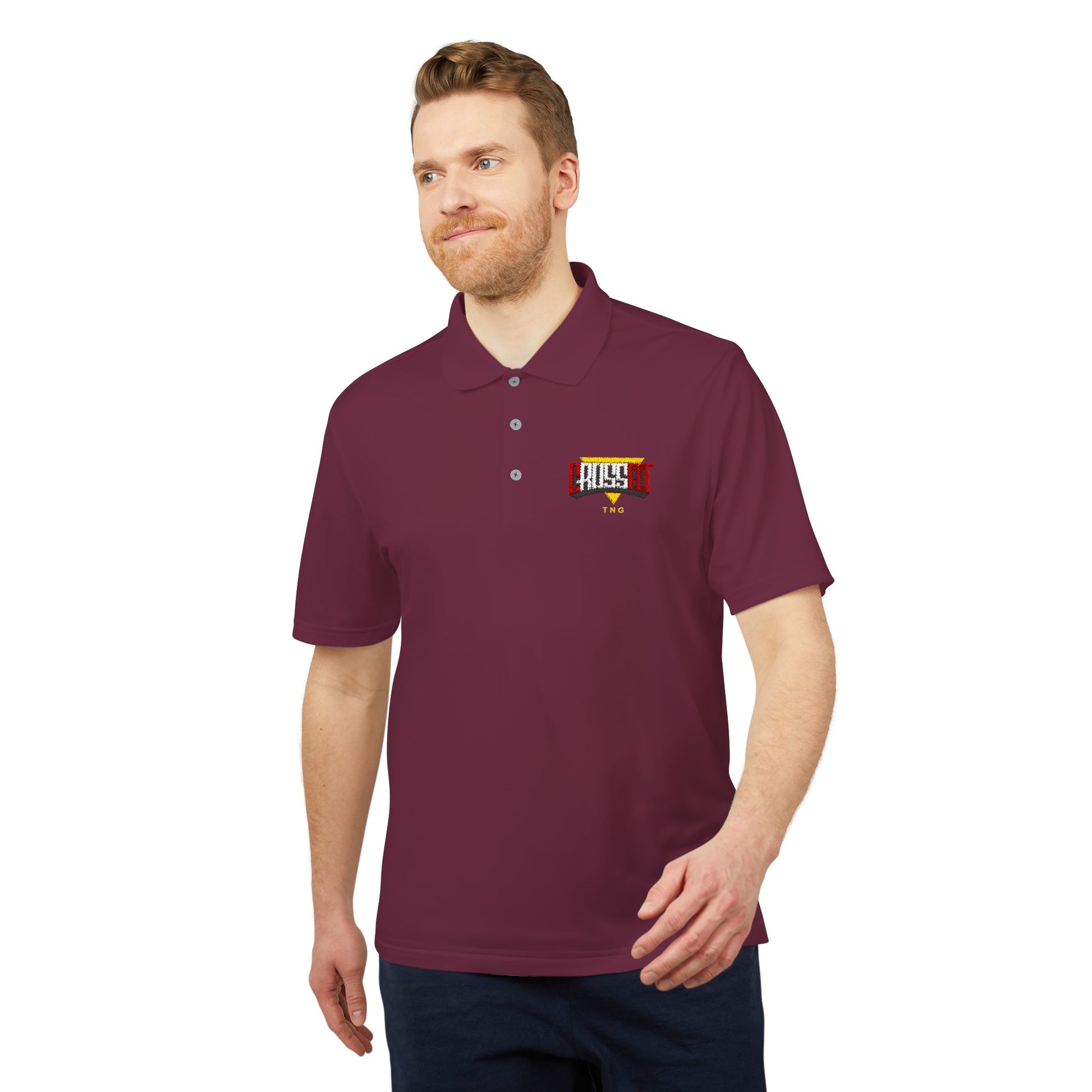 Adidas Sports Polo Shirt for CrossFit Enthusiasts, Man wearing a maroon polo shirt with a logo on a white background