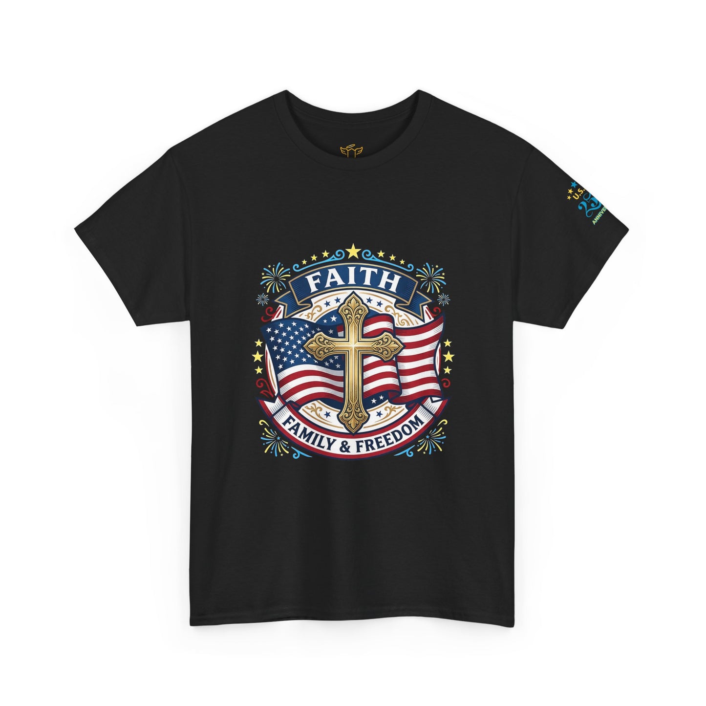 Faith, Family & Freedom T-Shirt — American Flag Cross Patriotic Tee (USA 250th)