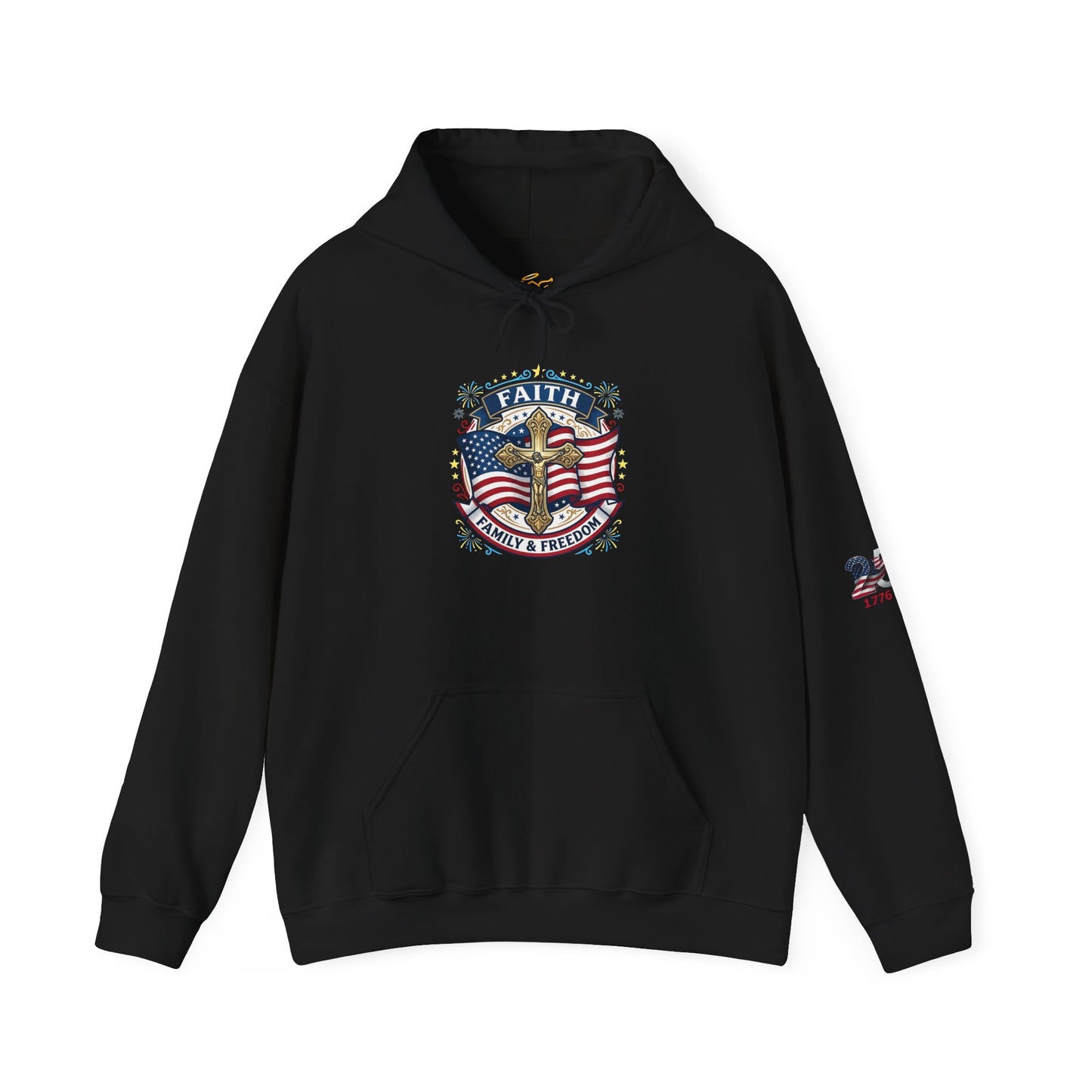 Catholic Faith, Family & Freedom Hoodie — American Flag Cross Patriotic Pullover (USA 250th)