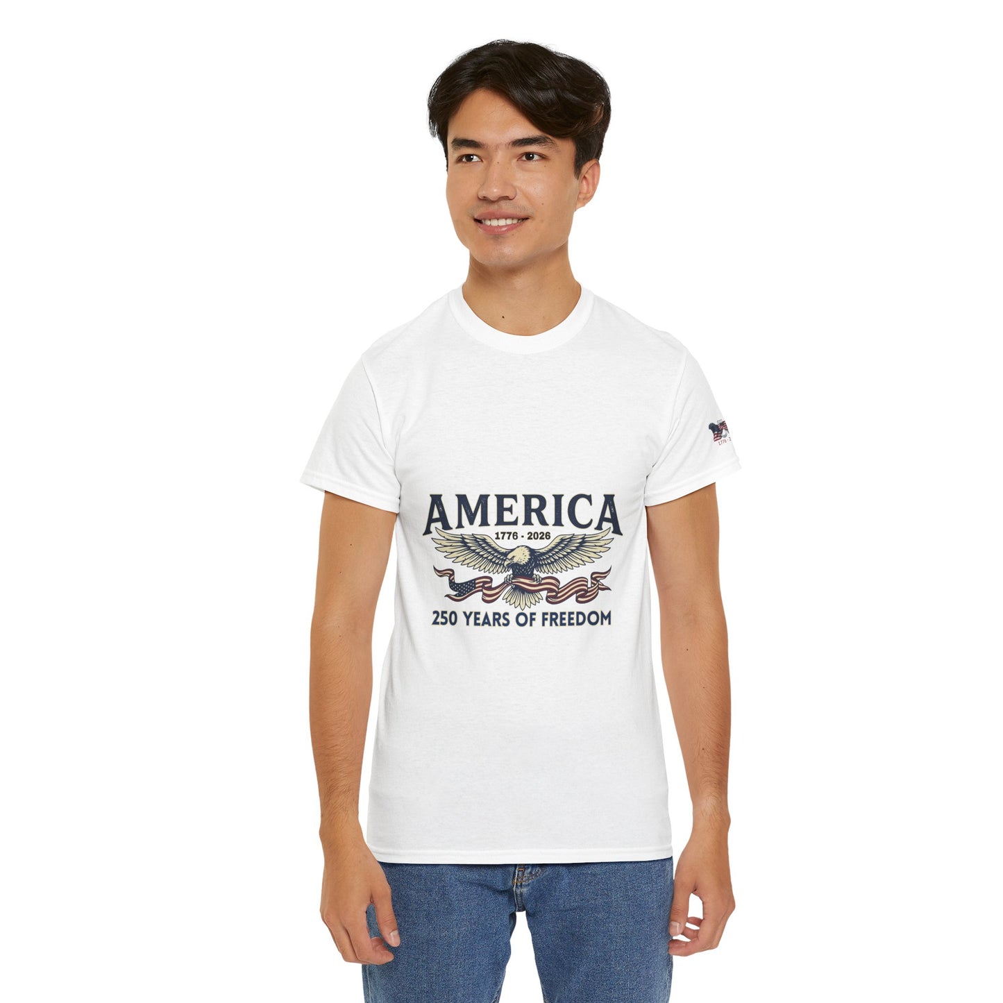 America 250 Years of Freedom T-Shirt — USA 250th ANNIVERSARY T-shirt, Person wearing a white t-shirt with 'America' design on a white background