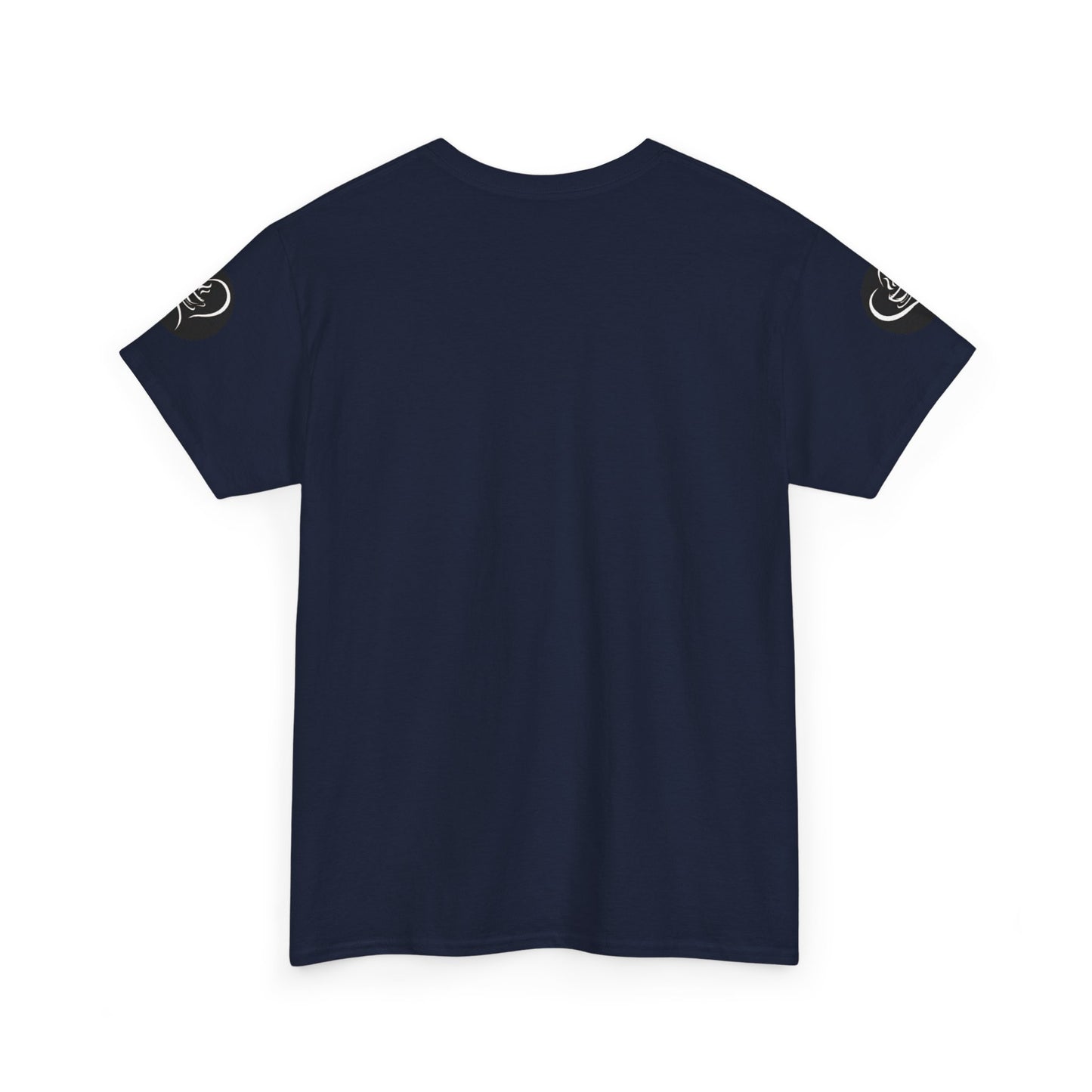 Coffee Lovers Ladies Tee - COFFEE and FRIENDS the Perfect Blend, Navy blue t-shirt with brand logos on sleeves against a white background