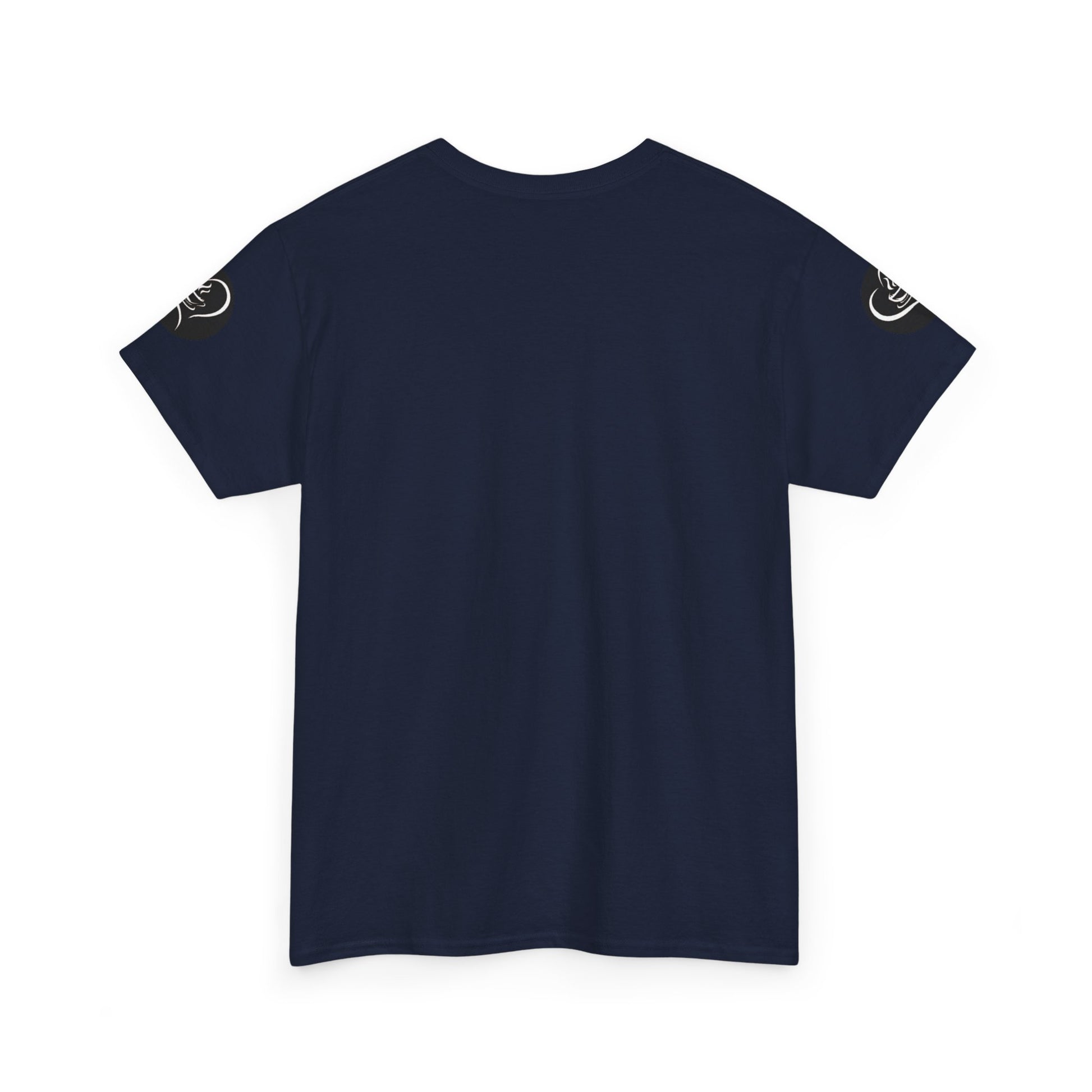 Coffee Lovers Ladies Tee - COFFEE and FRIENDS the Perfect Blend, Navy blue t-shirt with brand logos on sleeves against a white background