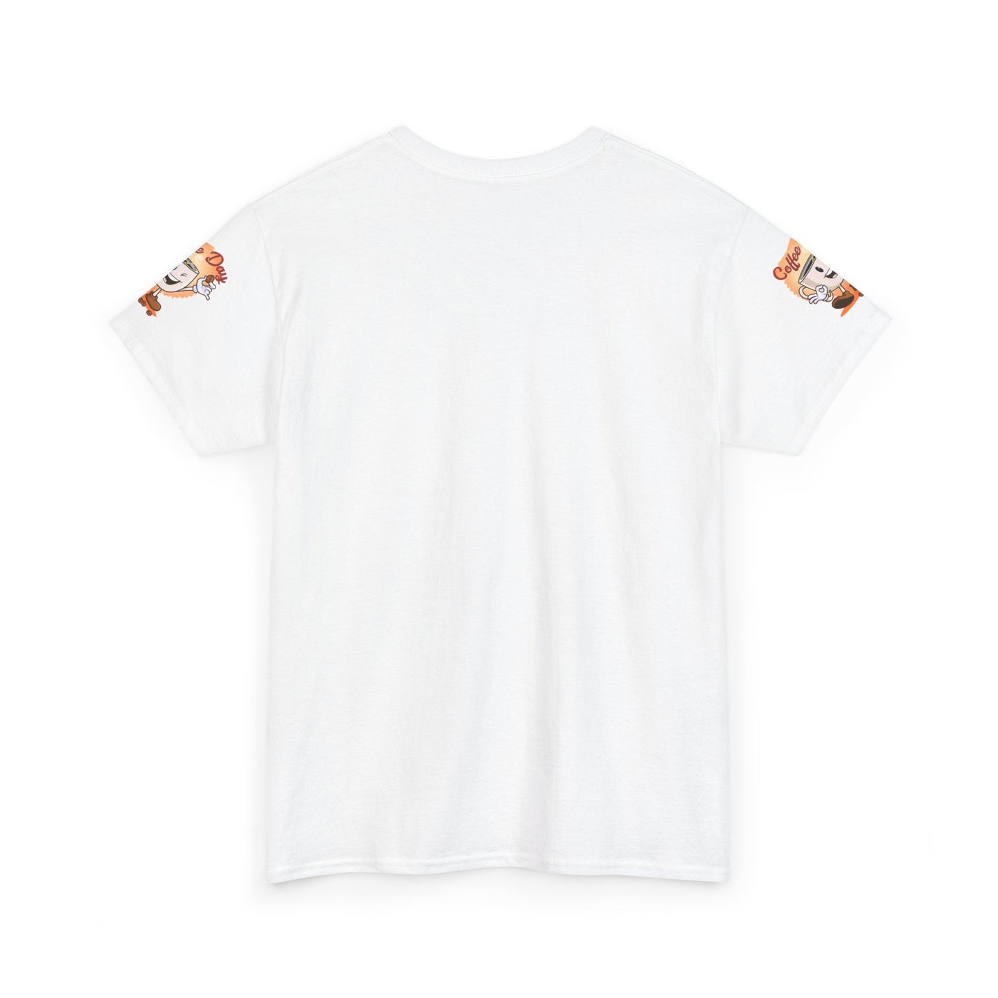 White t-shirt with cartoon character designs on the sleeves against a white background