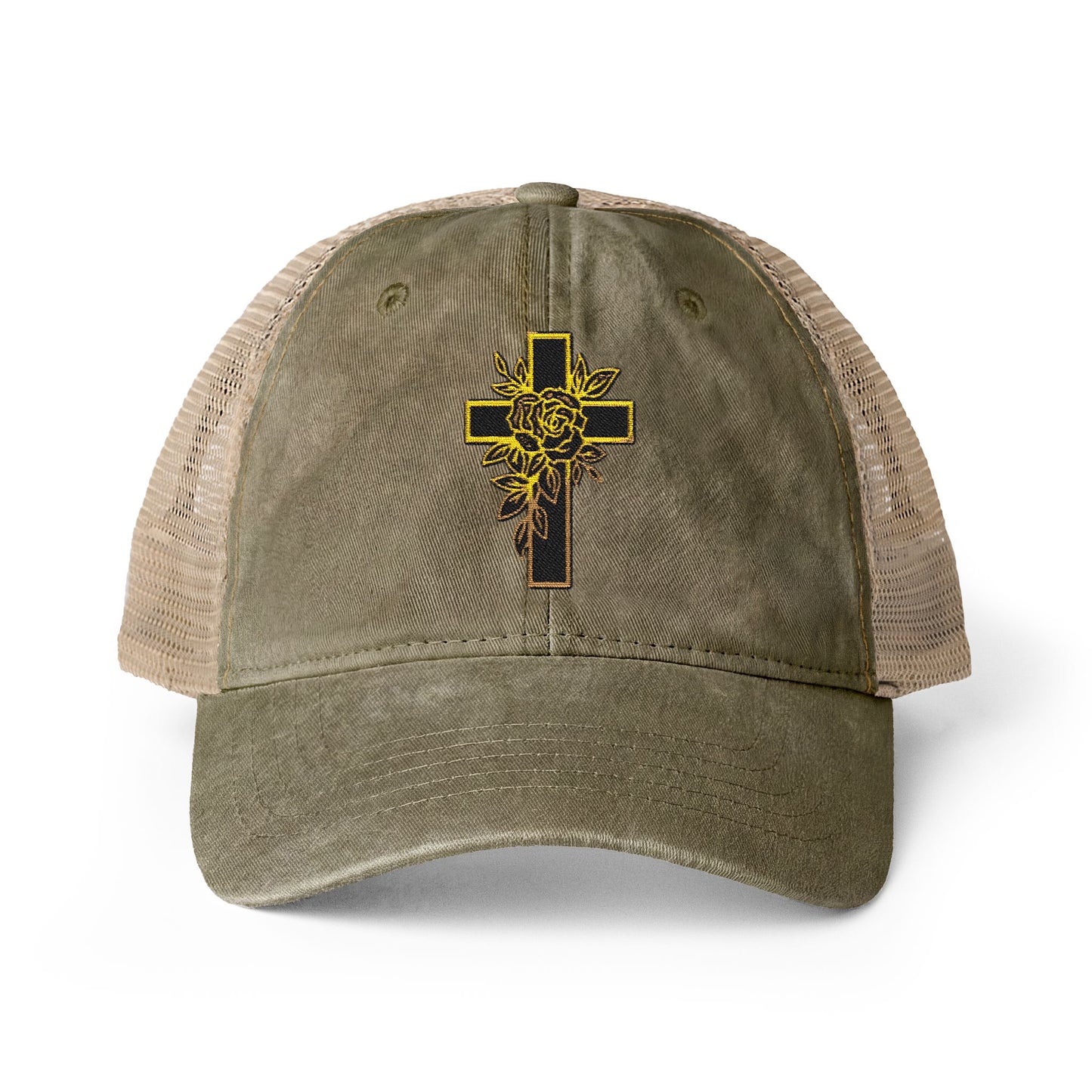 Brown trucker cap with a black cross and yellow rose design on the front of cap