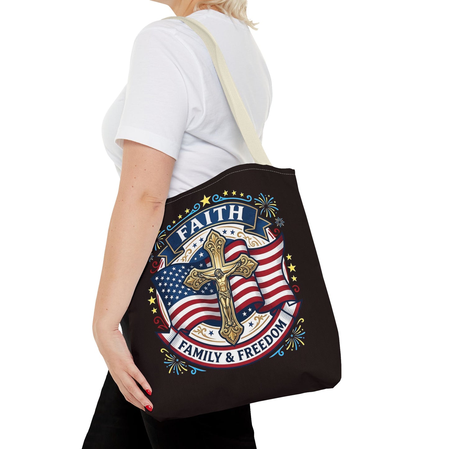 Faith, Family & Freedom Cross Bag — Patriotic American Flag Canvas Tote (USA 250th)