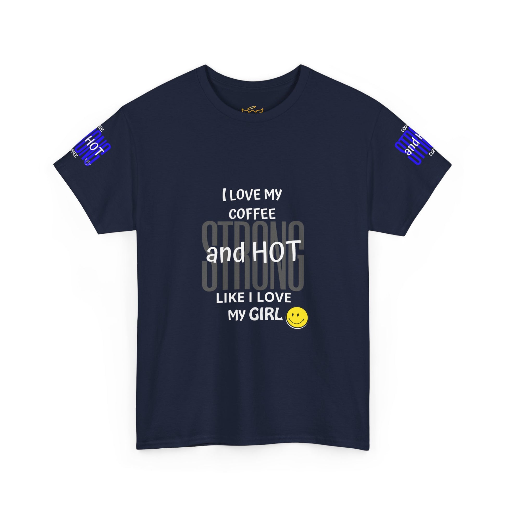 Coffee Lover Heavy Cotton Tee - I Love My Coffee Strong and Hot Navy blue t-shirt with white text and blue labels on sleeves against a white background