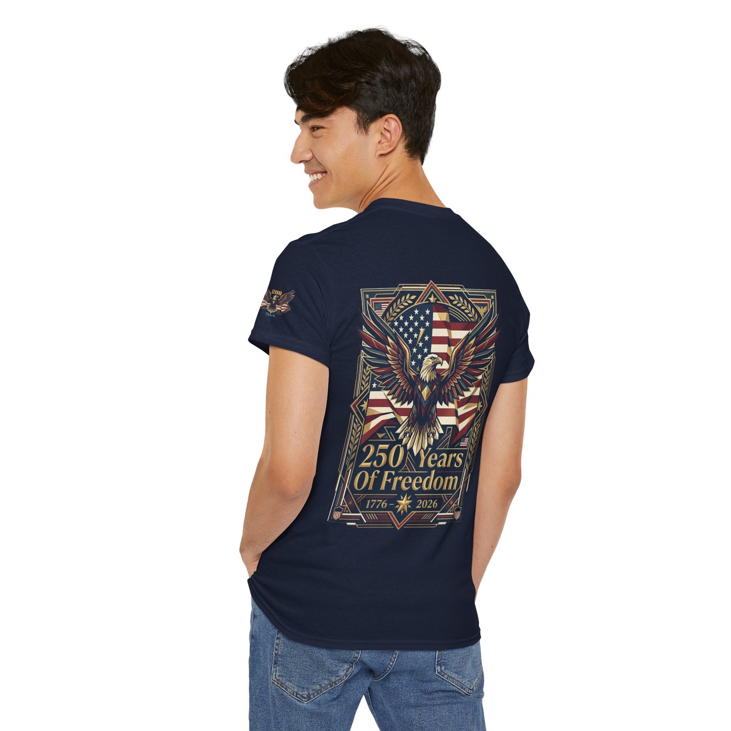250 Years of Freedom Eagle T-Shirt, Person wearing a navy blue t-shirt with an eagle and American flag design on the back, on a white background.