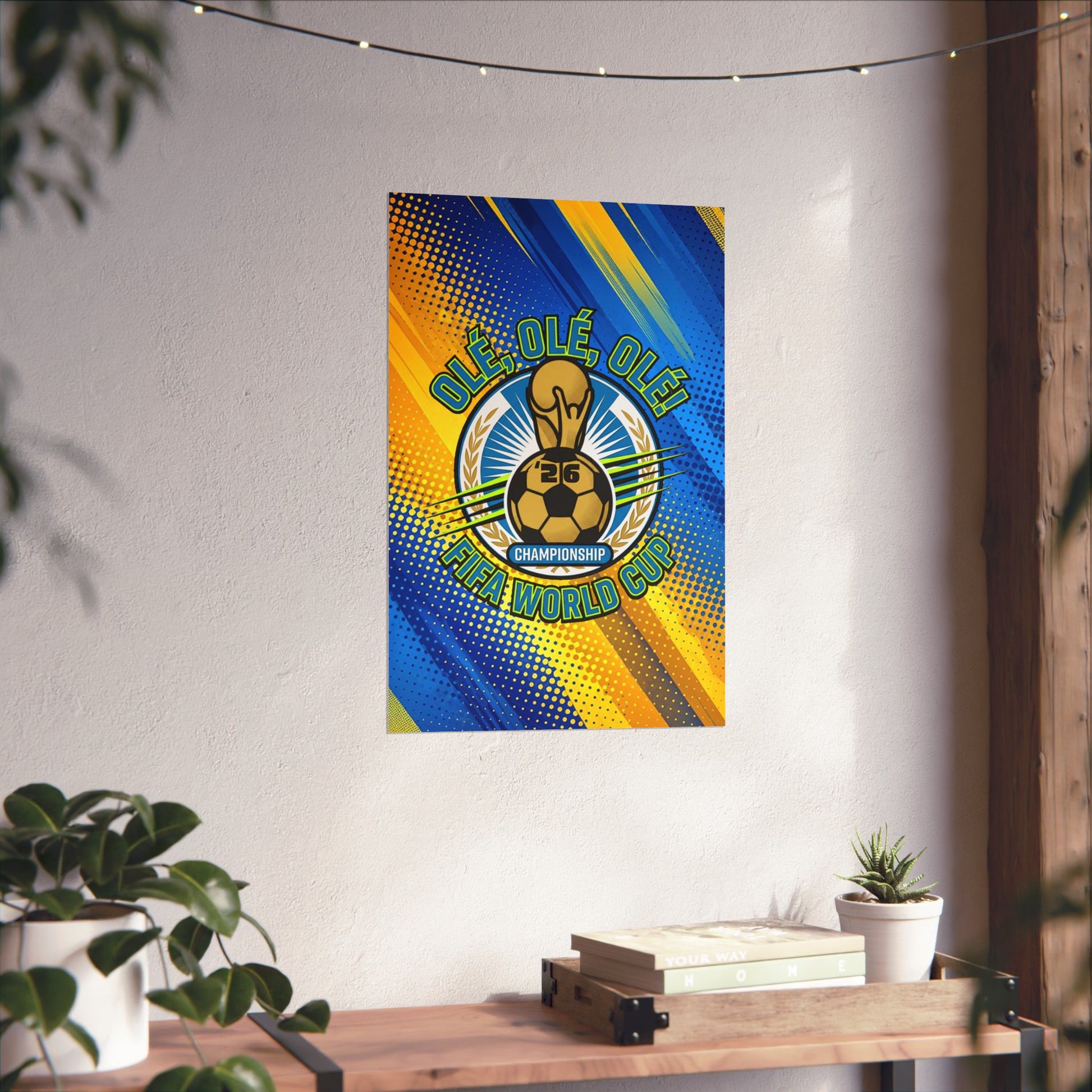 Colorful poster with a soccer ball design on a wall above a wooden shelf.