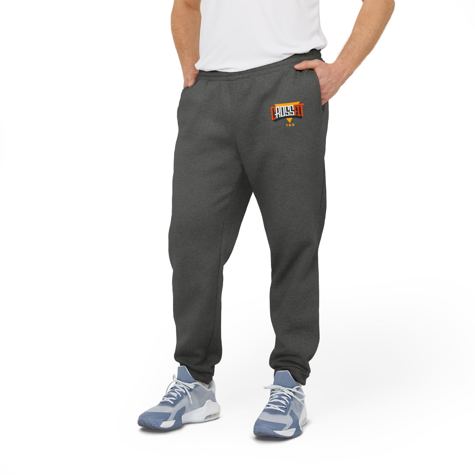 Adidas Sports Fleece Joggers for CrossFit Enthusiasts, Person wearing gray sweatpants with a logo on a white background