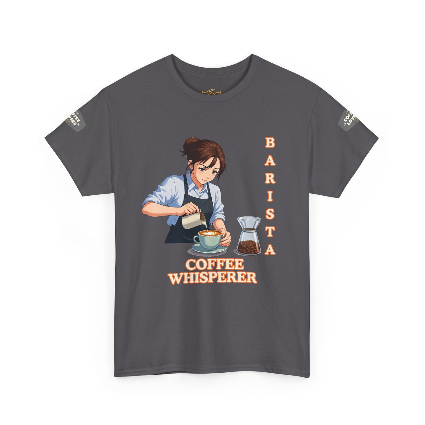 Coffee Lovers Cotton Tee for Female Barista, Gray t-shirt with a barista graphic and 'Coffee Whisperer' text on a white background