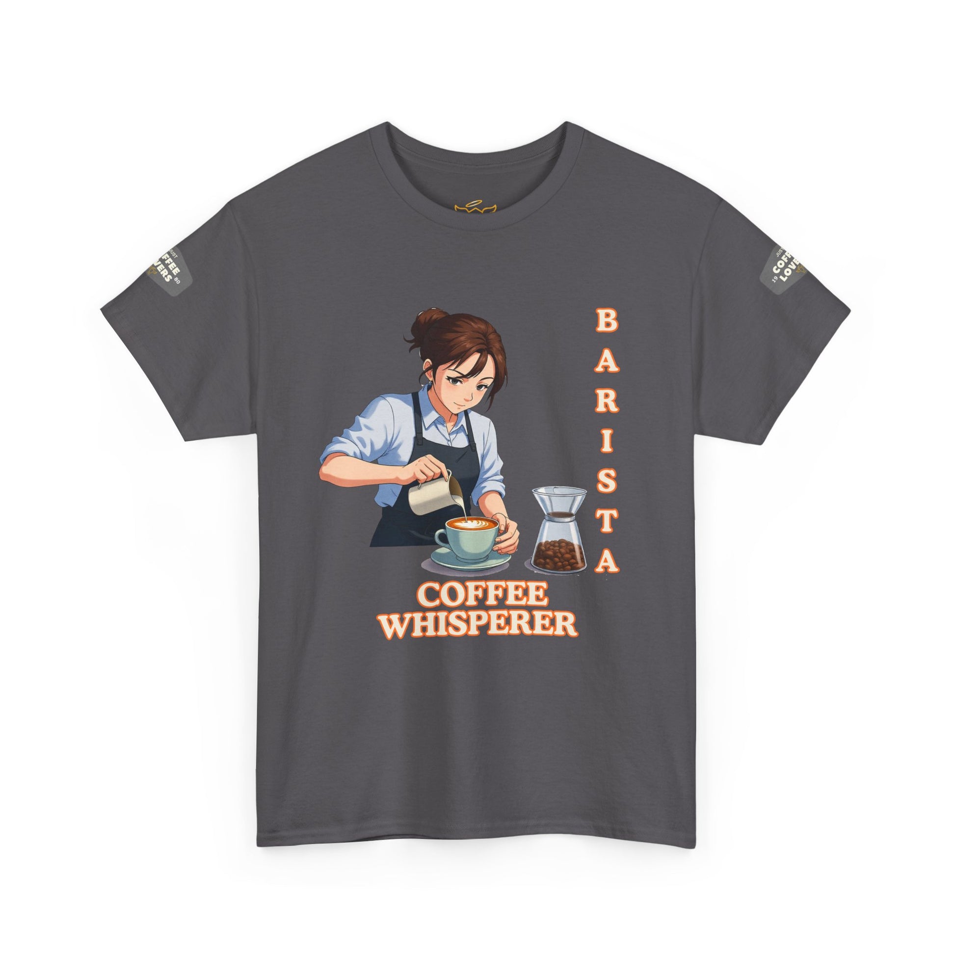 Coffee Lovers Cotton Tee for Female Barista, Gray t-shirt with a barista graphic and 'Coffee Whisperer' text on a white background