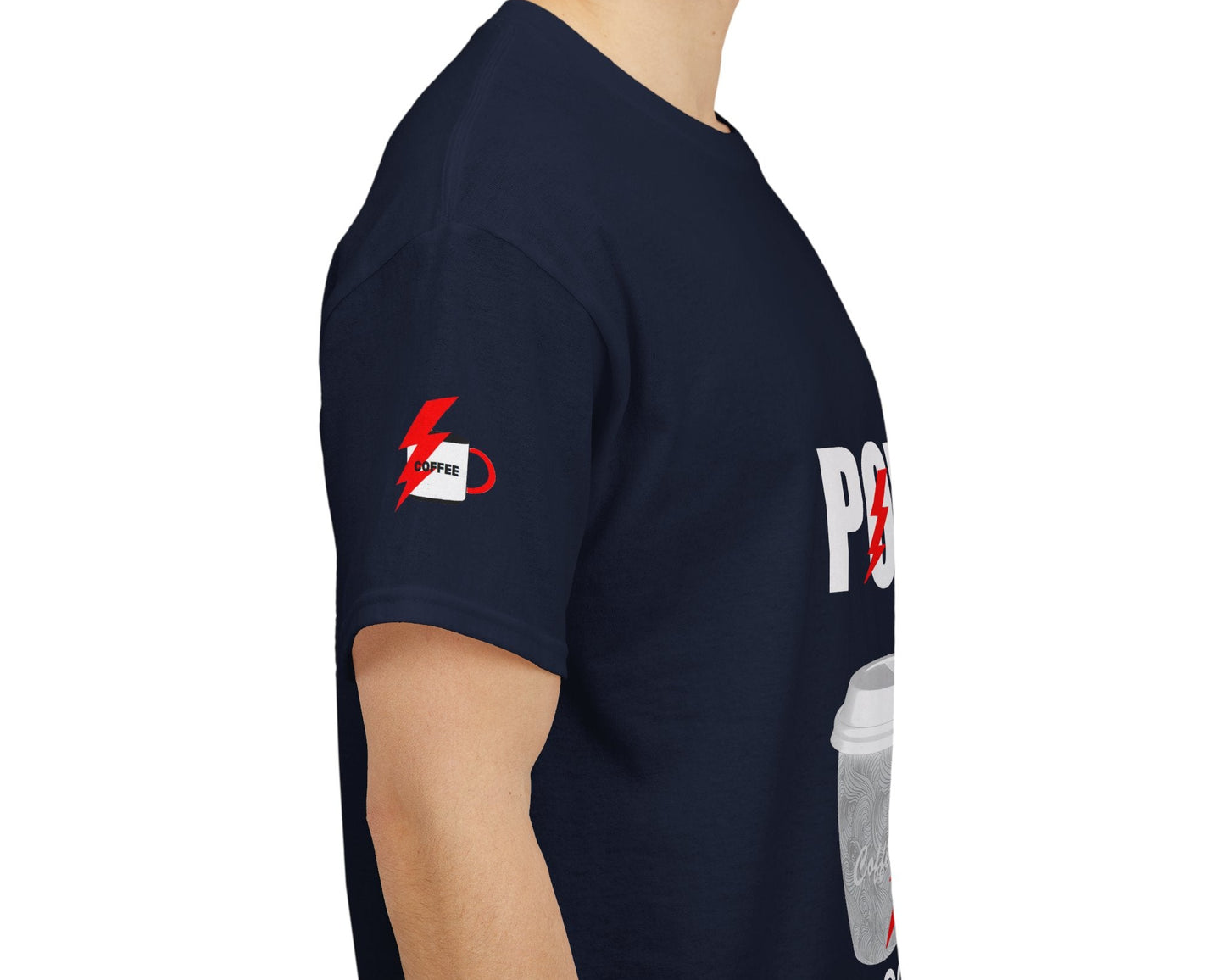 Coffee Lovers Cotton T-shirt - Powered by Coffee. Navy blue t-shirt with a logo on the sleeve and text on the chest against a white background