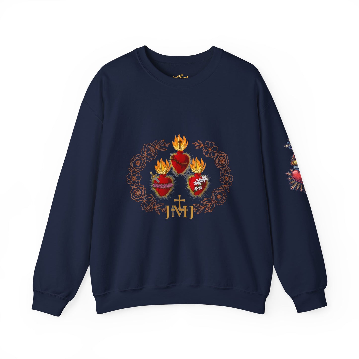 Sacred Hearts Crewneck Sweatshirt — Three Flaming Hearts with JMJ Cross (CT)