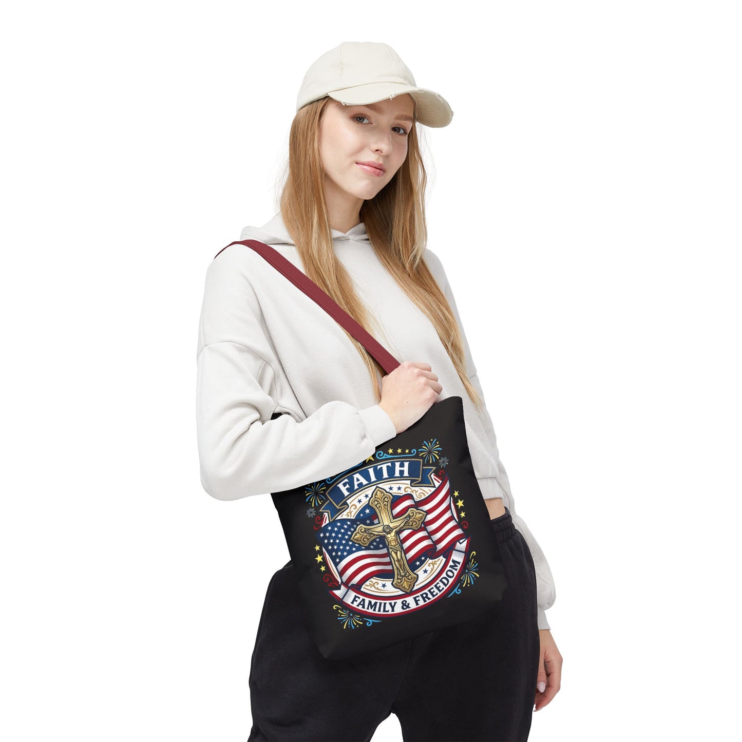 Faith, Family & Freedom Cross Bag — Patriotic American Flag Canvas Tote (USA 250th)