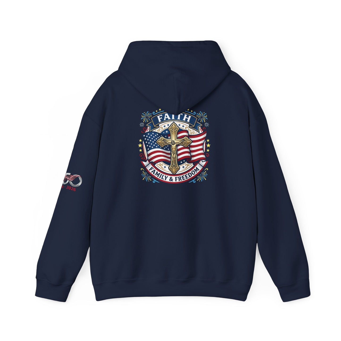 Catholic Faith, Family & Freedom Hoodie — American Flag Cross Patriotic Pullover (USA 250th)
