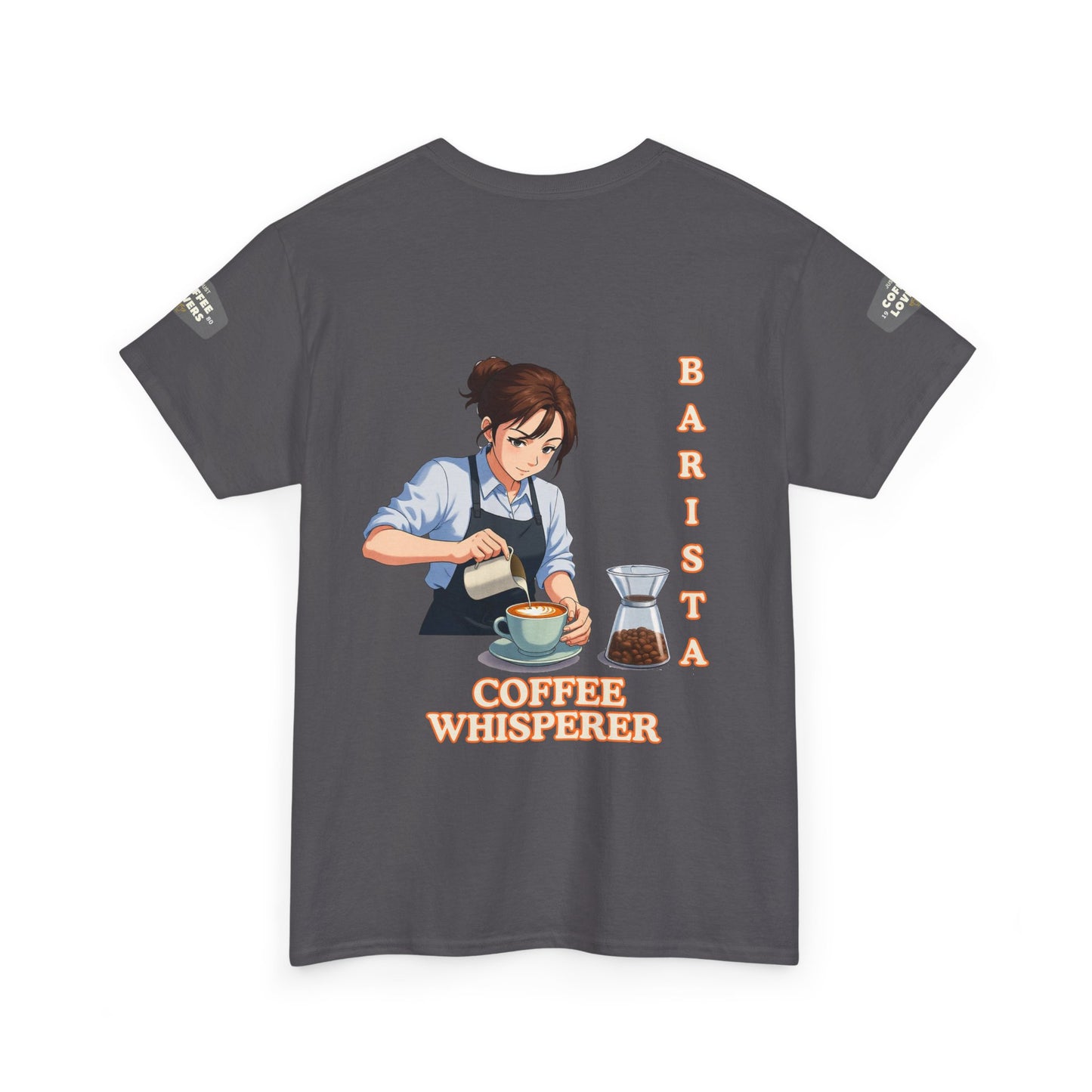Coffee Lovers Cotton Tee for Female Barista, Gray t-shirt with a graphic of a barista and text 'Coffee Whisperer' on a white background