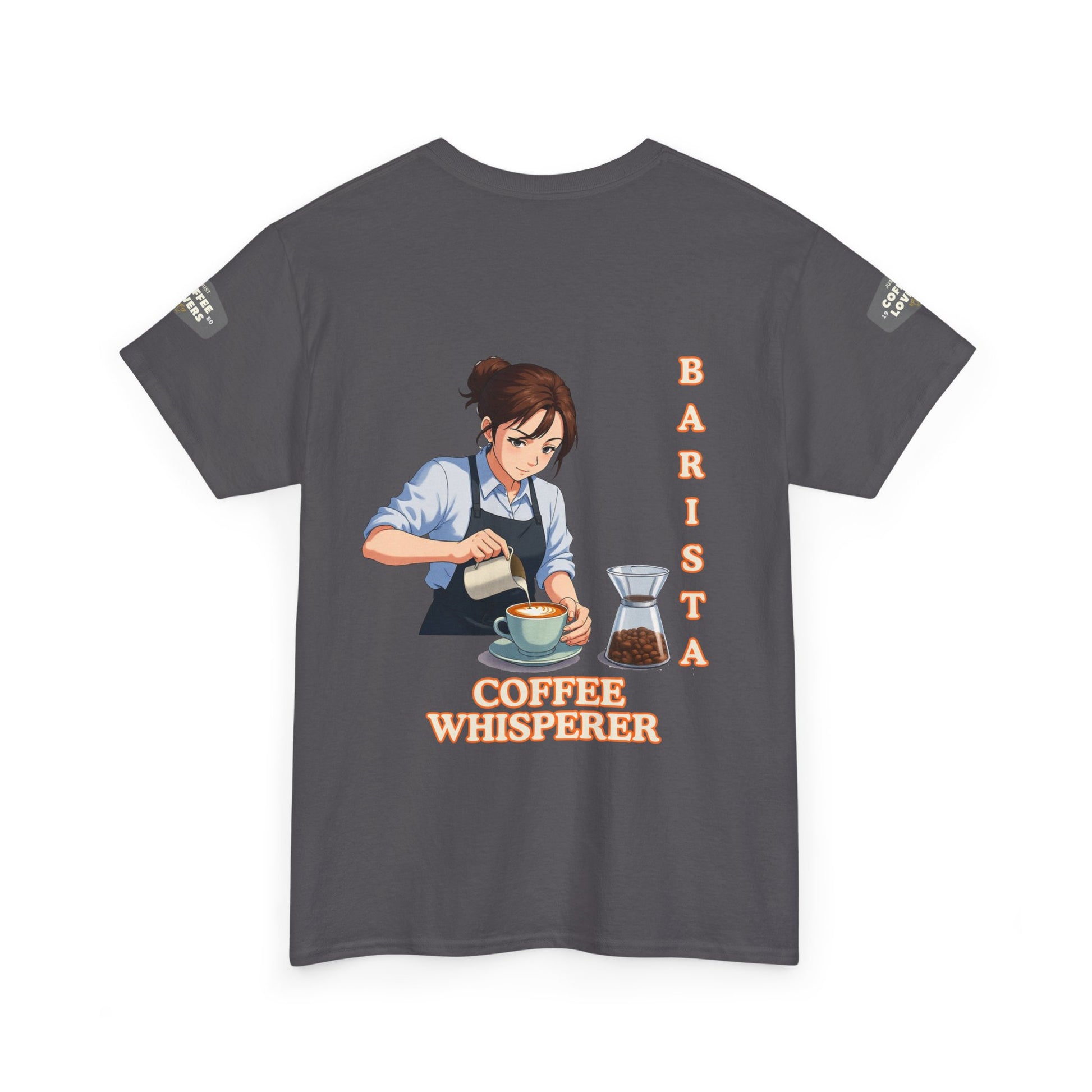 Coffee Lovers Cotton Tee for Female Barista, Gray t-shirt with a graphic of a barista and text 'Coffee Whisperer' on a white background