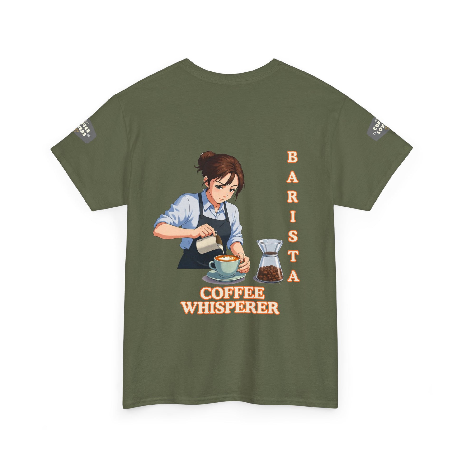 Coffee Lovers Cotton Tee for Female Barista, Green t-shirt with a barista graphic and text on a white background