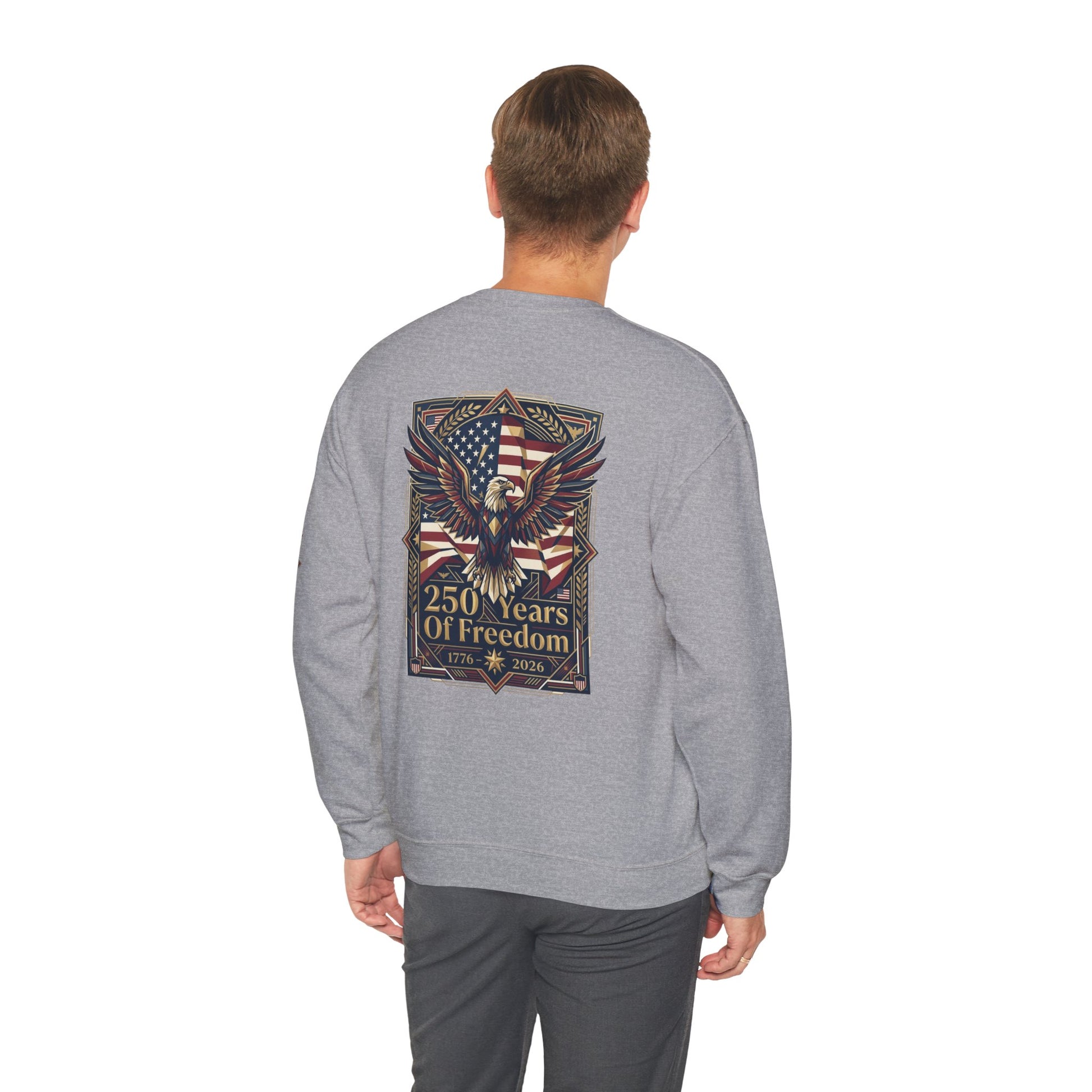 USA 250th ANNIVERSARY Crewneck Sweatshirt , Gray sweatshirt with a graphic design on the back, worn by a person on a white background