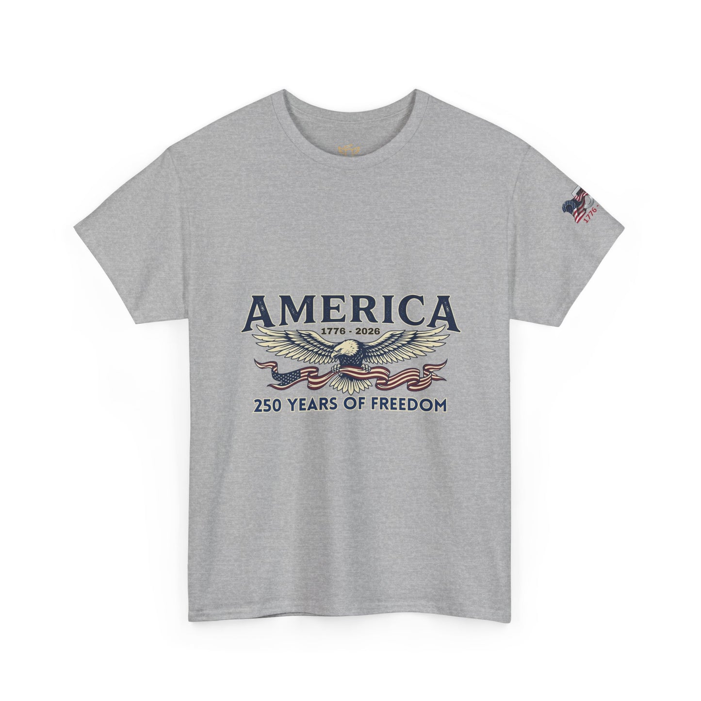 America 250 Years of Freedom T-Shirt — USA 250th ANNIVERSARY T-shirt, Gray t-shirt with 'America 250 Years of Freedom' graphic on a white background