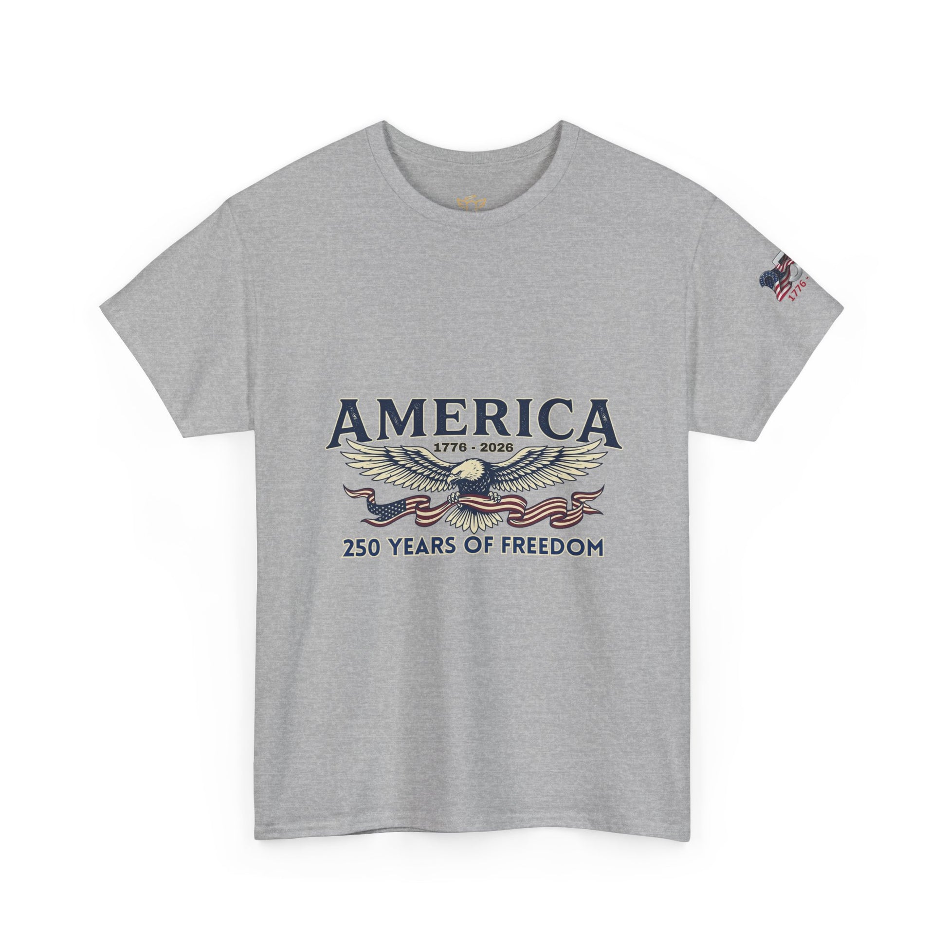 America 250 Years of Freedom T-Shirt — USA 250th ANNIVERSARY T-shirt, Gray t-shirt with 'America 250 Years of Freedom' graphic on a white background