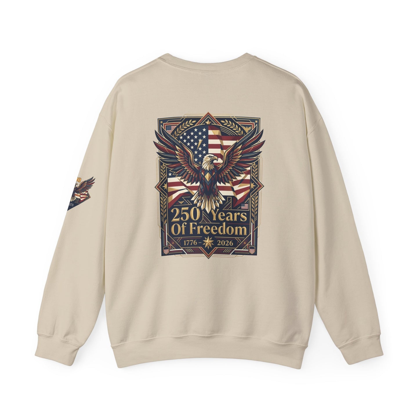 USA 250th ANNIVERSARY Crewneck Sweatshirt , Beige sweatshirt with eagle and American flag design on a white background