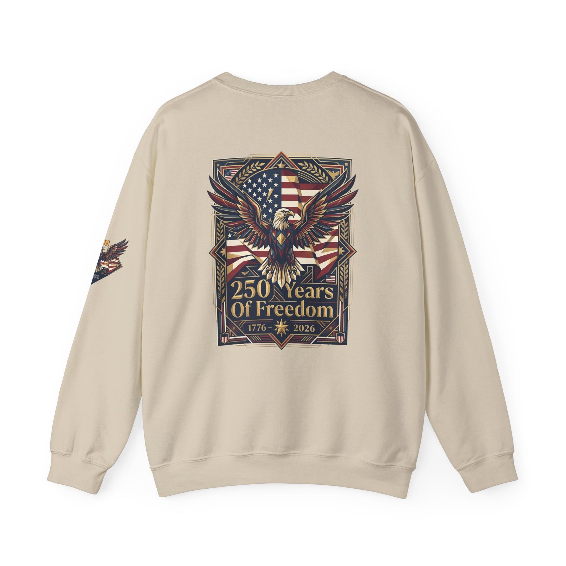 USA 250th ANNIVERSARY Crewneck Sweatshirt , Beige sweatshirt with eagle and American flag design on a white background