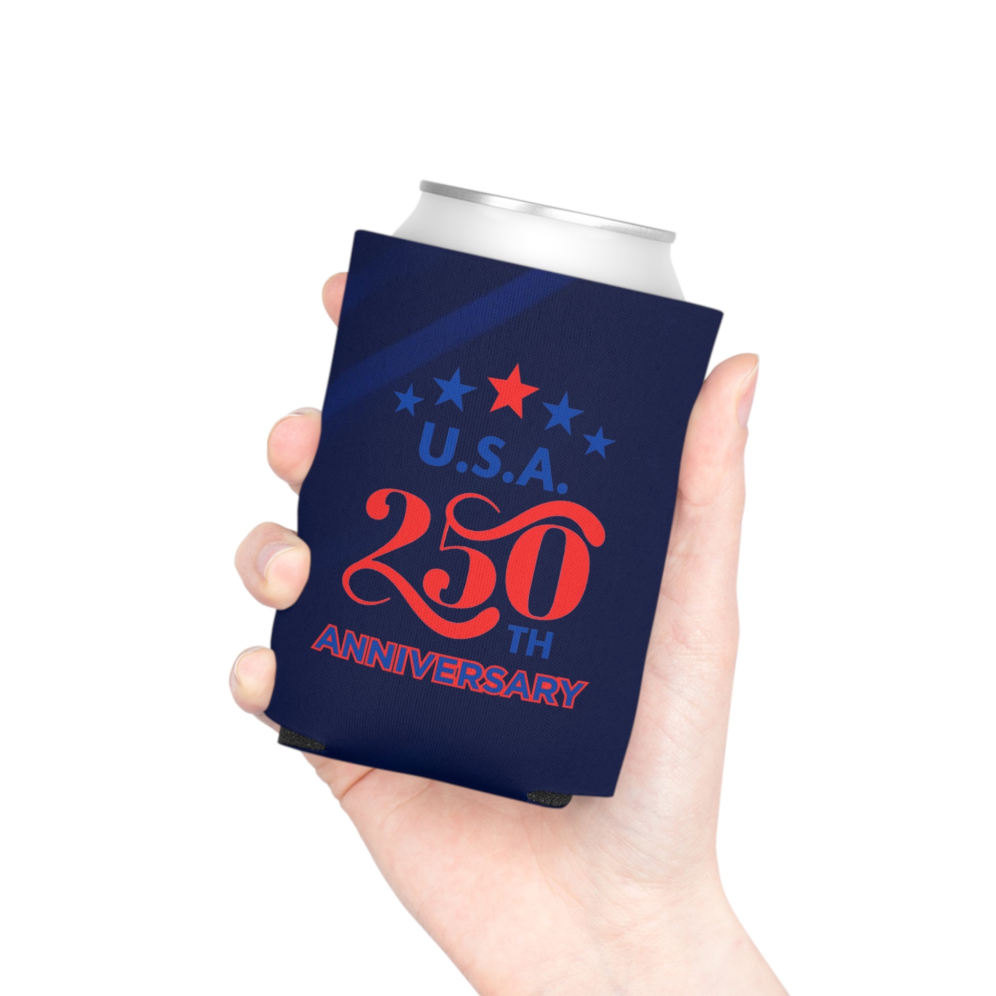 USA 250th ANNIVERSARY Can Cooler — Patriotic Red & Blue Koozie - Trending Novelties & Gifts