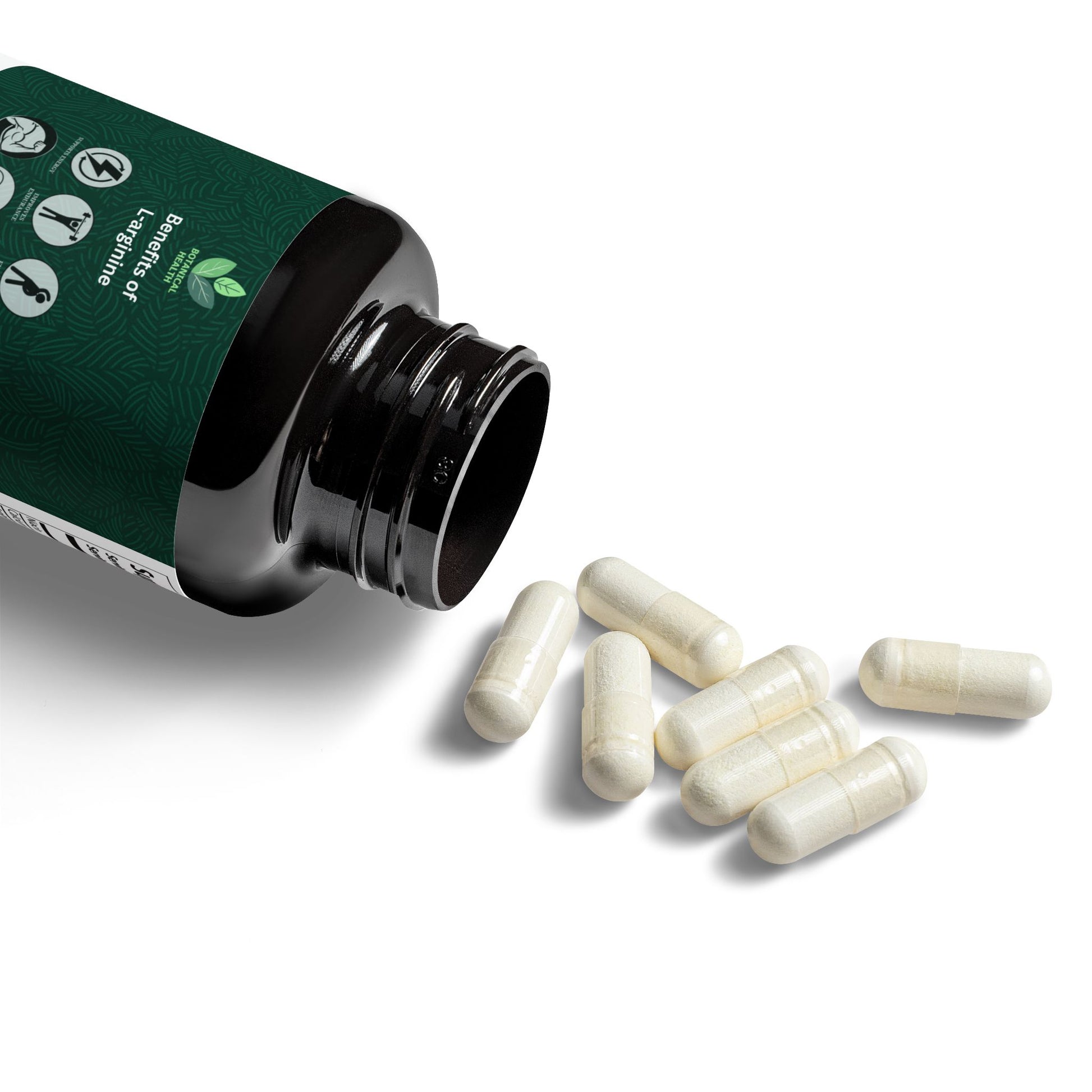 Green supplement bottle with pills on a white background, L-Arginine Supplement