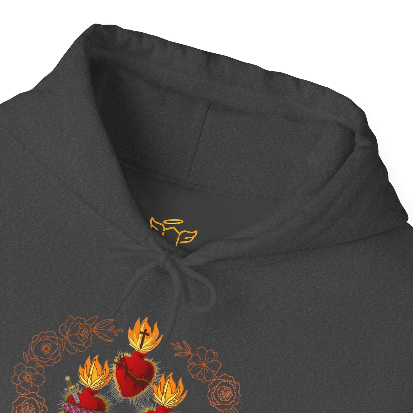 Sacred Hearts Hoodie — Three Flaming Hearts J.M.J. Devotional Sweatshirt (CT)